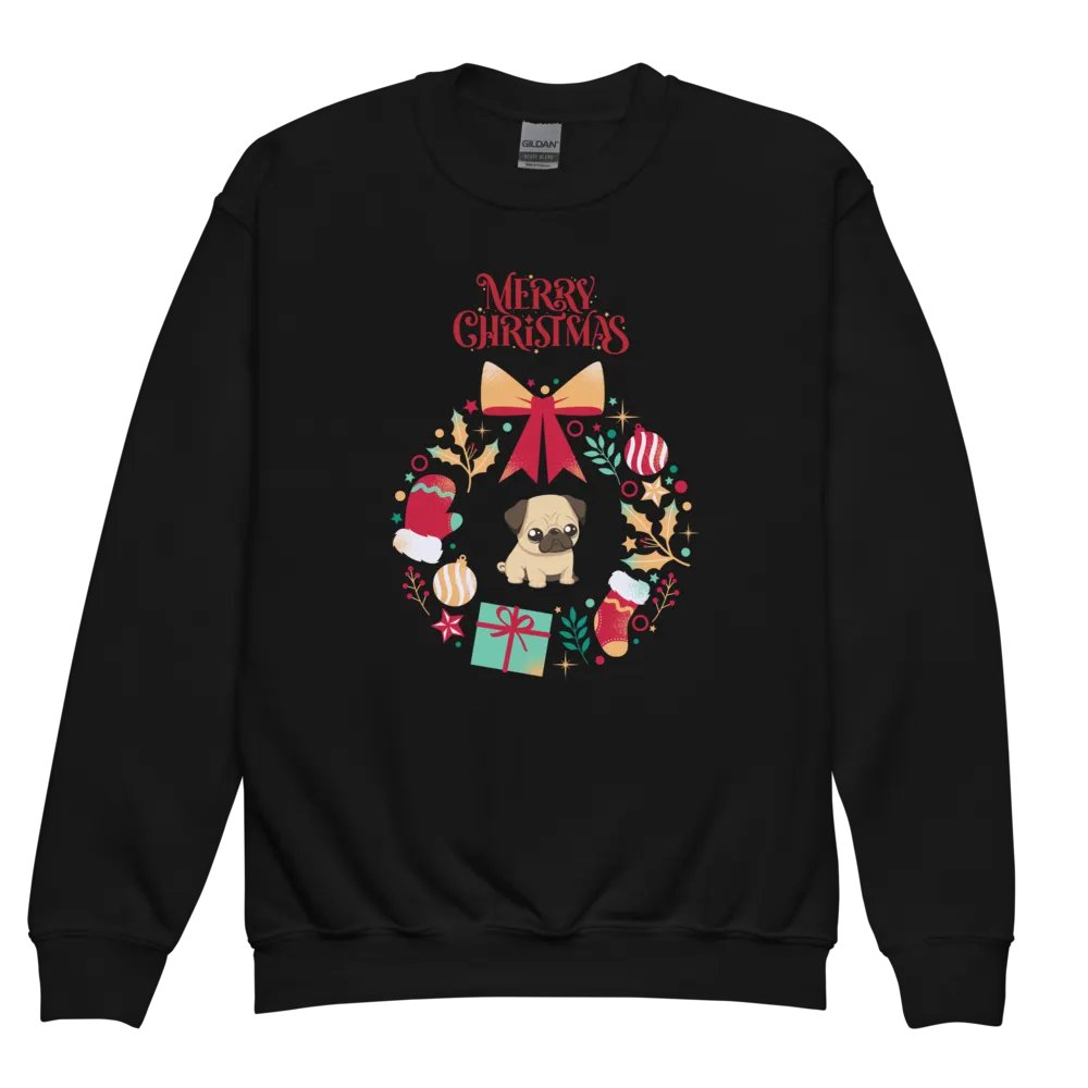 Festive Pug Christmas Wreath Youth Sweatshirt product image (2)