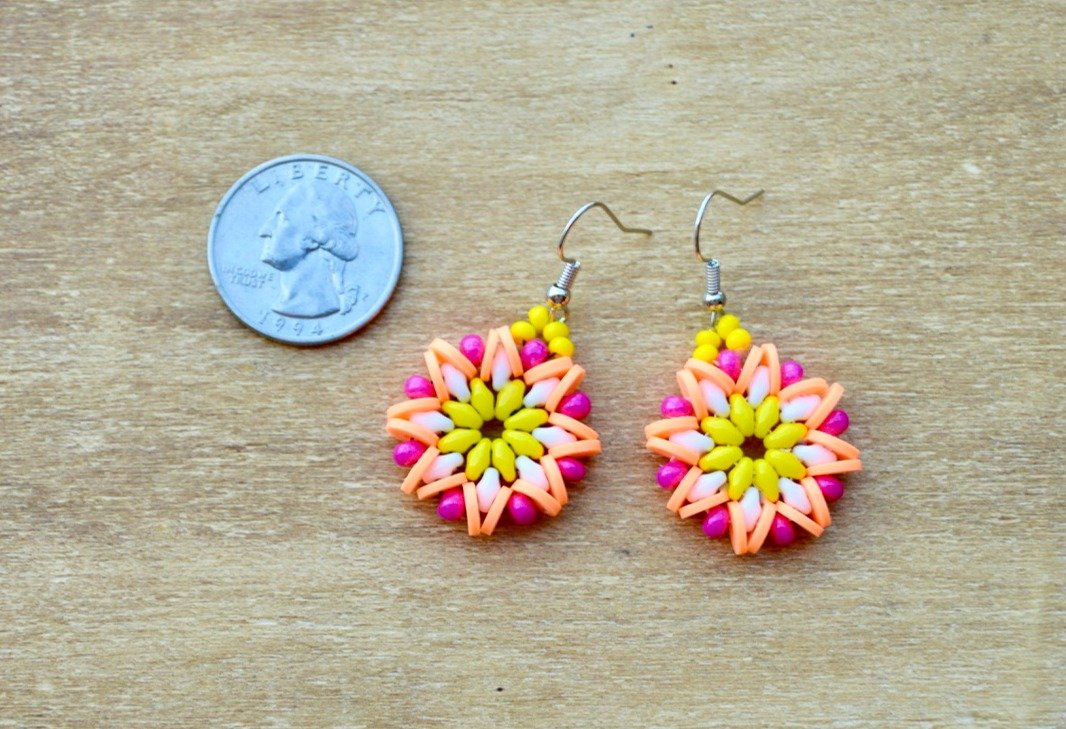 Orange Yellow Pink and White Beaded Flower Earrings Handmade product image (3)