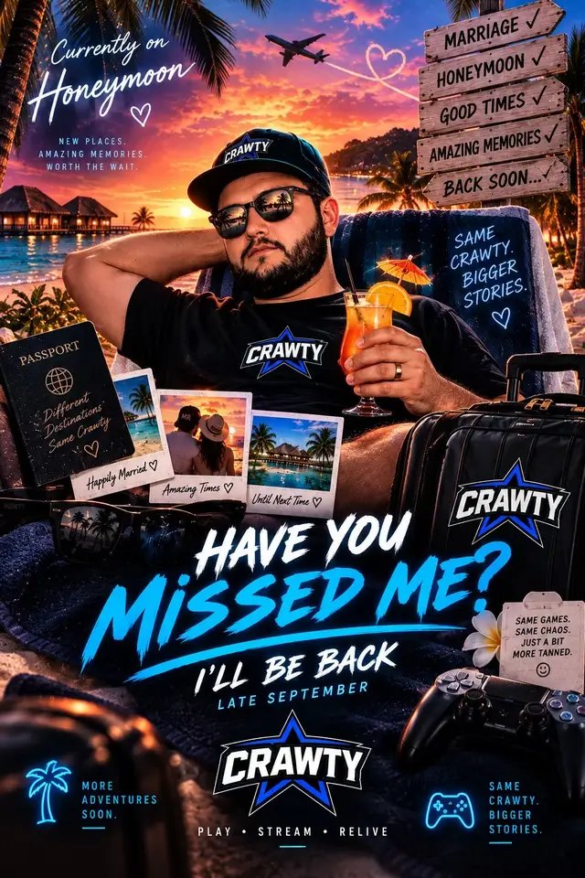 Hiiiiiii 👋  I know I have been a little quiet lately… and for good reason! 💍❤️ I’m currently enjoying a well-earned honeymoon, making some amazing memories with my new wife. 🌴✈️ But don’t worry… I’ll be back late September. 🎮🔥 Until then, enjoy the peace… because Crawty is coming back! 😎 Who’s excited to see me back on your screens? Comment below ⬇️  #gaming #tiktoklive #gamer #gametok #gamingtok 