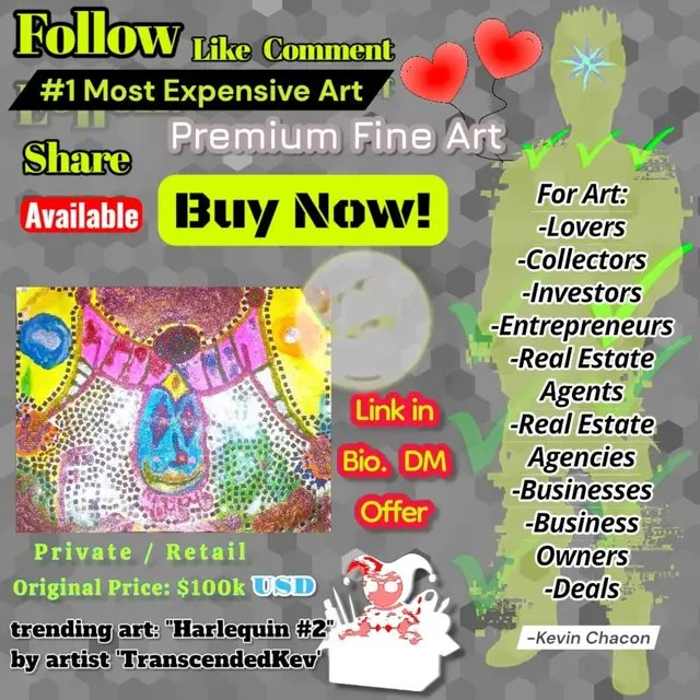 Kevin Chacon — Harlequin #2 — Collect. Trade. Write-off. — Arts & Assets Artwork — H.2 Harlequin #2, in its medium 11H × 14W (in.) format, adapts seamlessly to home, office, business, studio, and personal interior environments. Its reflective tiles, glittered movement, glow‑in‑the‑dark elements, and UV‑reactive paint establish a focal point that elevates any space with color, texture, and symbolic energy. Size & Official Retail Price: Medium, $100k USD, 11hx14w