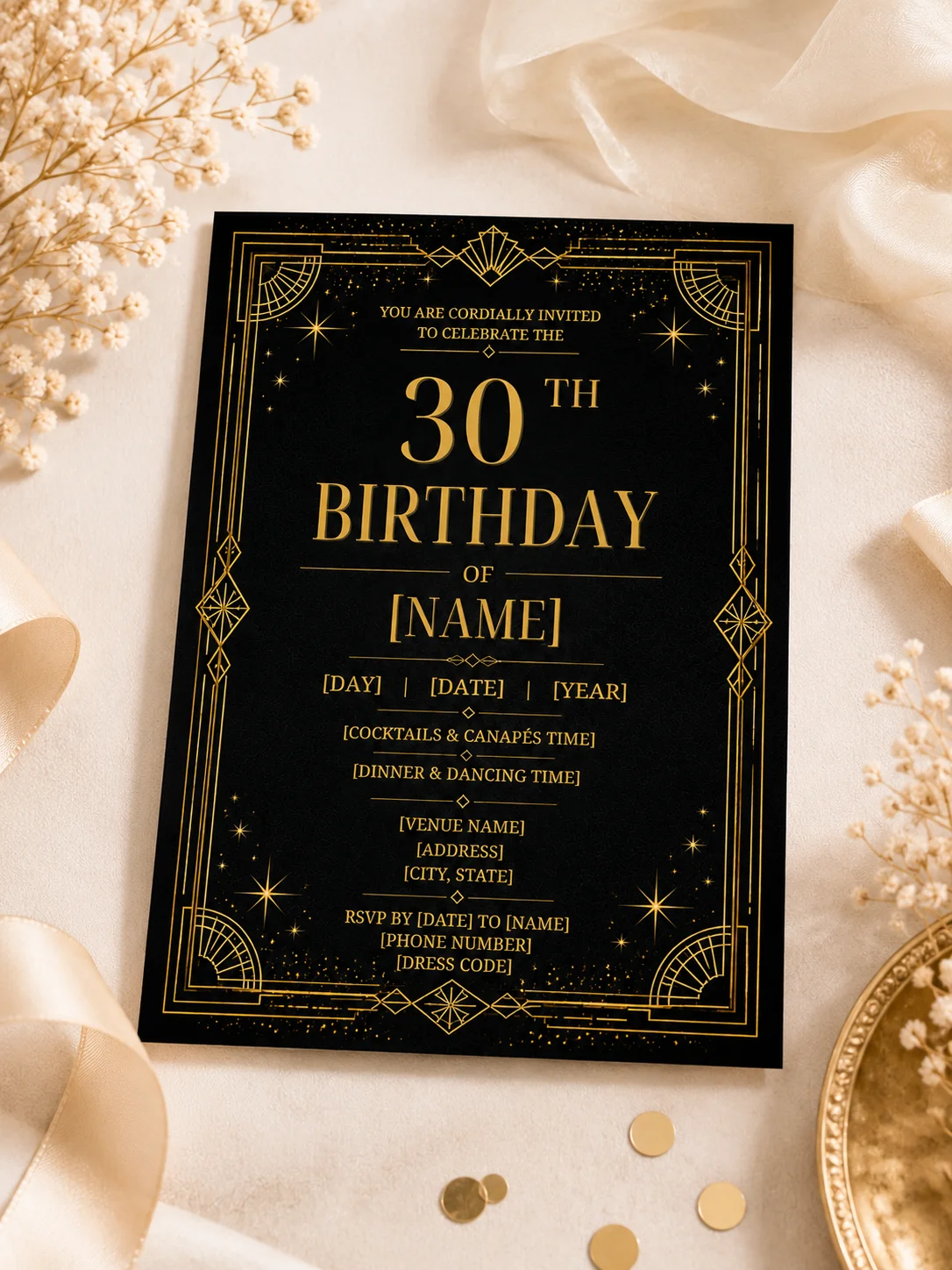 30th Birthday Invitation Template, Editable Gold Milestone Invite, Printable Black Gold Party, Canva Instant Download Digital product image (1)