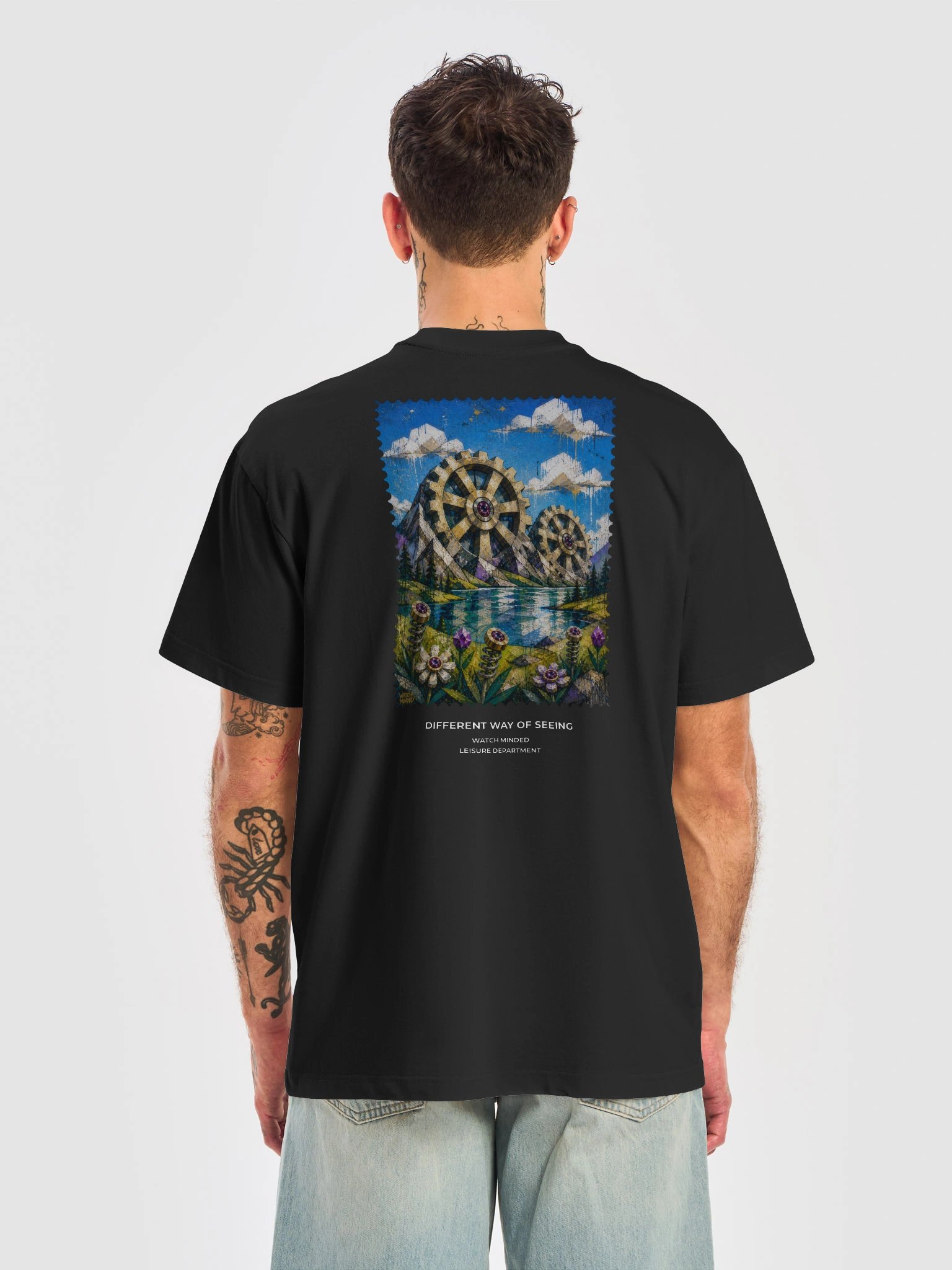 Relaxed Fit Heavy Cotton "Clockwork Mountains" T-Shirt, Black product image (1)