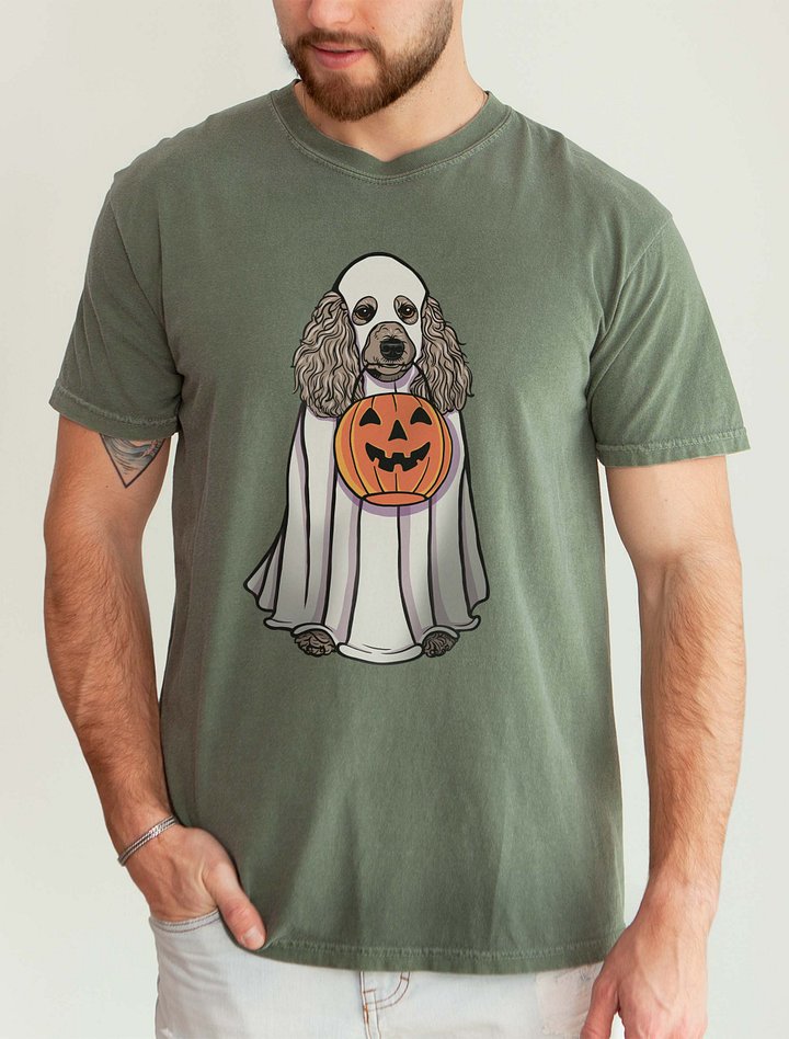 Funny Halloween Poodle(Apricot) T-Shirt | Funny Papillon Wearing a Ghost Costume and Holding a Pumpkin Basket product image (2)