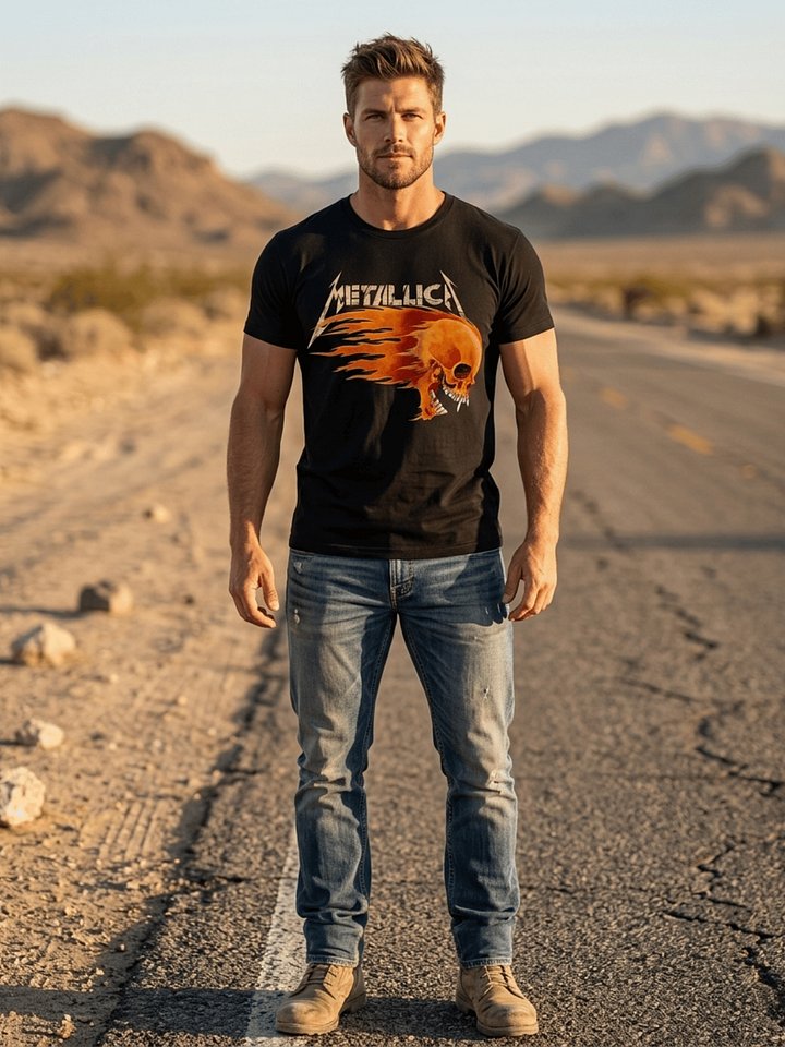 Metallica Flaming Skull T-Shirt | Damaged Justice Tour Dark Art Graphic Tee | And Justice for All Navy Blue Thrash Metal Collector Band Shirt product image (1)
