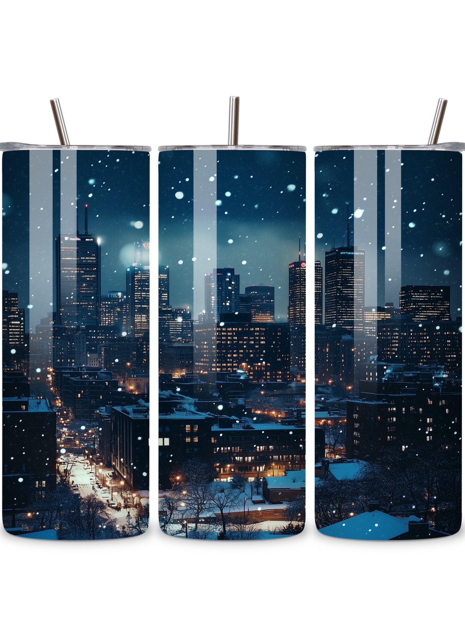 Winter City Skyline 20oz Skinny Tumbler with Metal Straw – Elegant Snowfall and Urban Design – Double-Walled Insulated Stainless Steel Tumbler, Great for City and Winter Lovers product image (1)