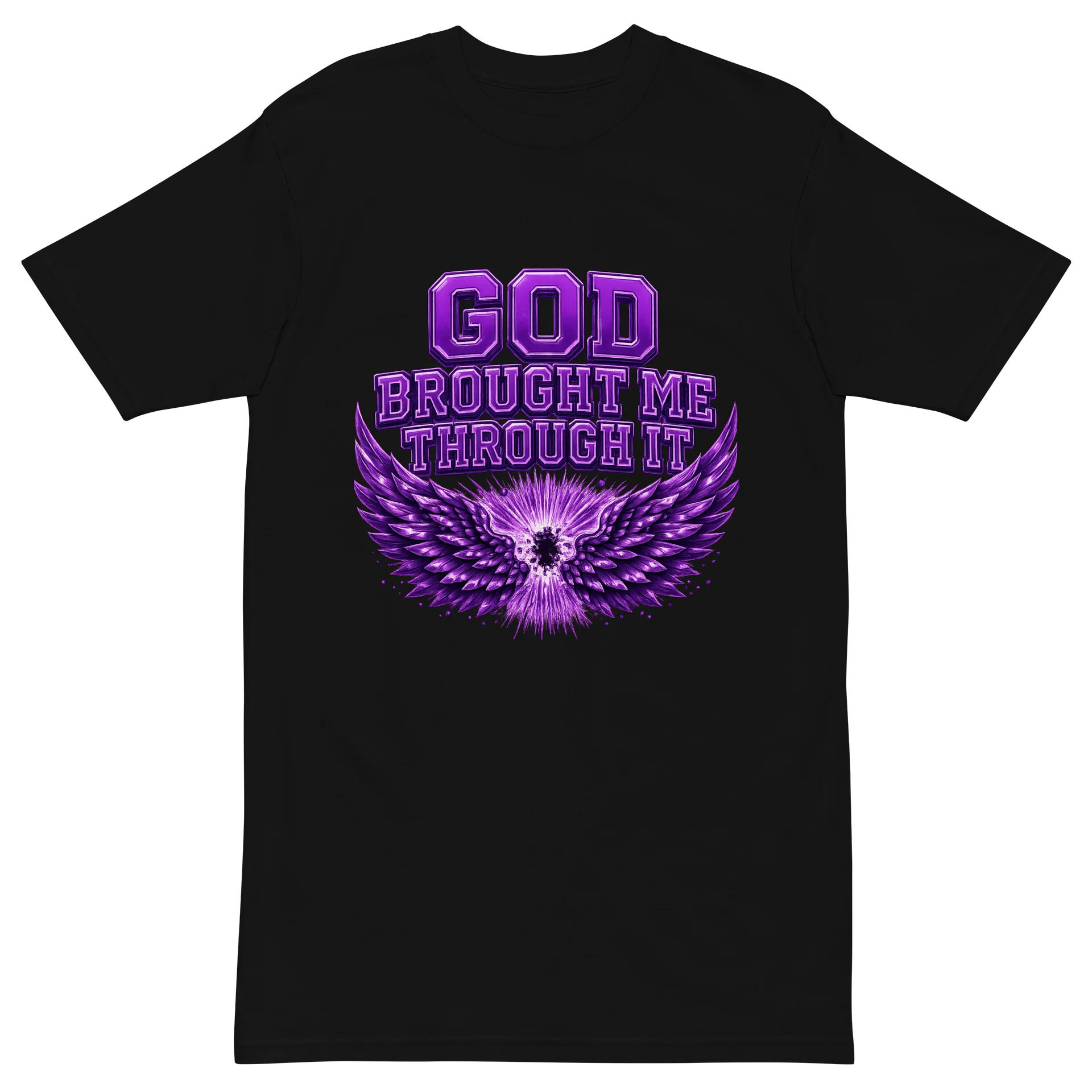 God Brought Me Through It Purple Wings Black Tee product image (3)