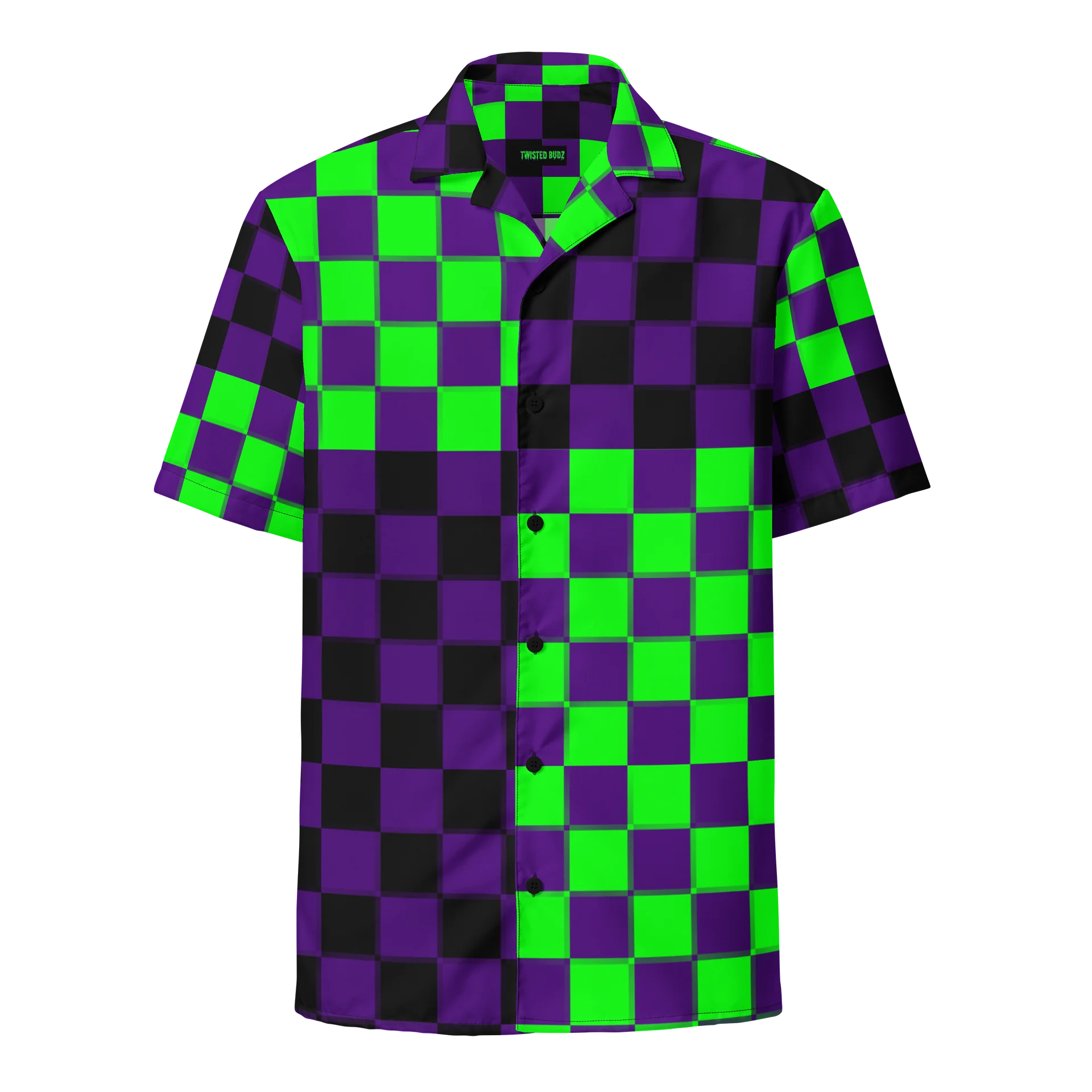 Twisted Clowncore Checkers Button Shirt, Retro Style Silly Circus Top, Fun Festival Fashion, Black Purple Neon Green Weird EDM Rave Clothes product image (1)