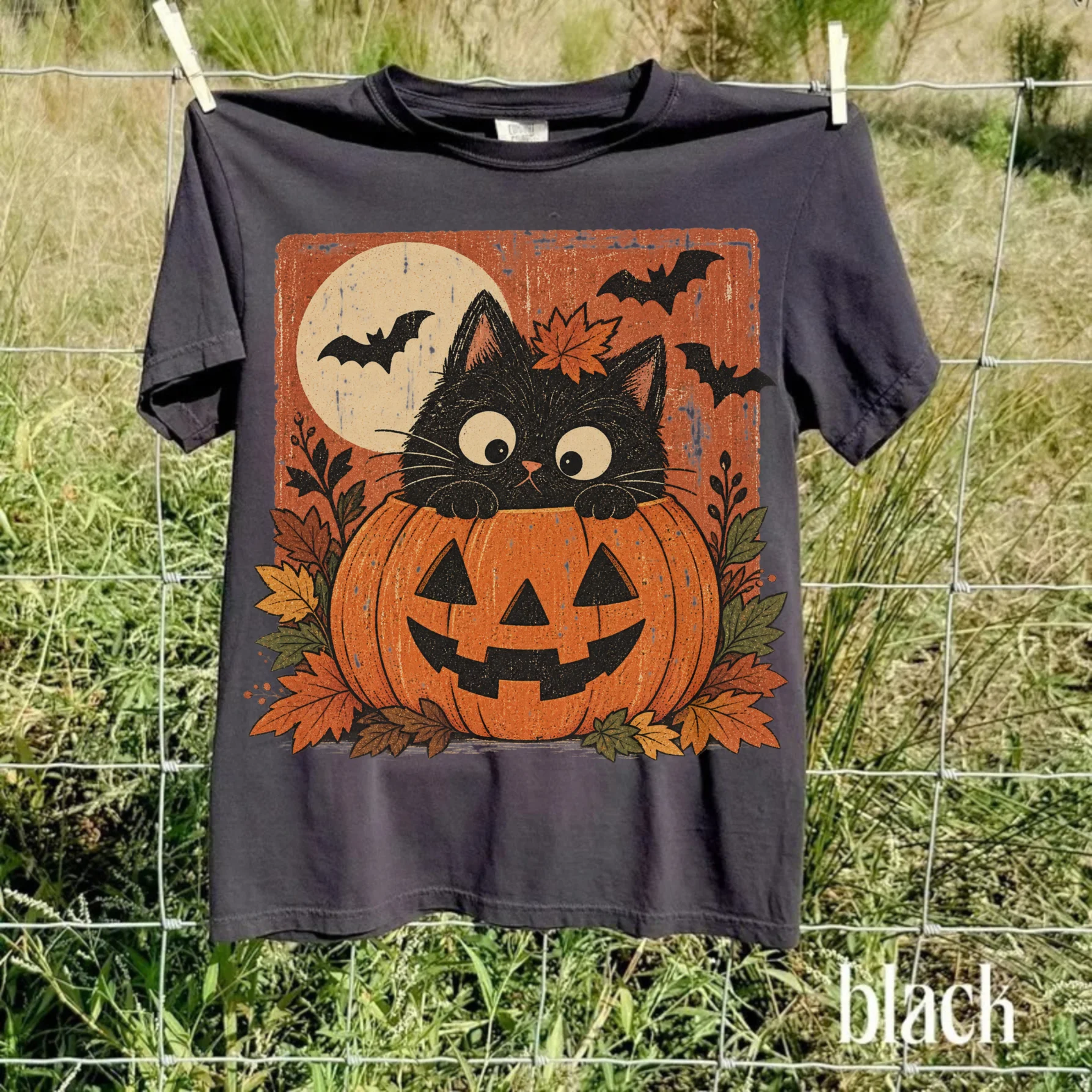 Vintage Halloween Black Cat T-Shirt, Pumpkin Graphic Tee, Retro Spooky Cat Shirt, Fall Halloween Shirt product image (2)