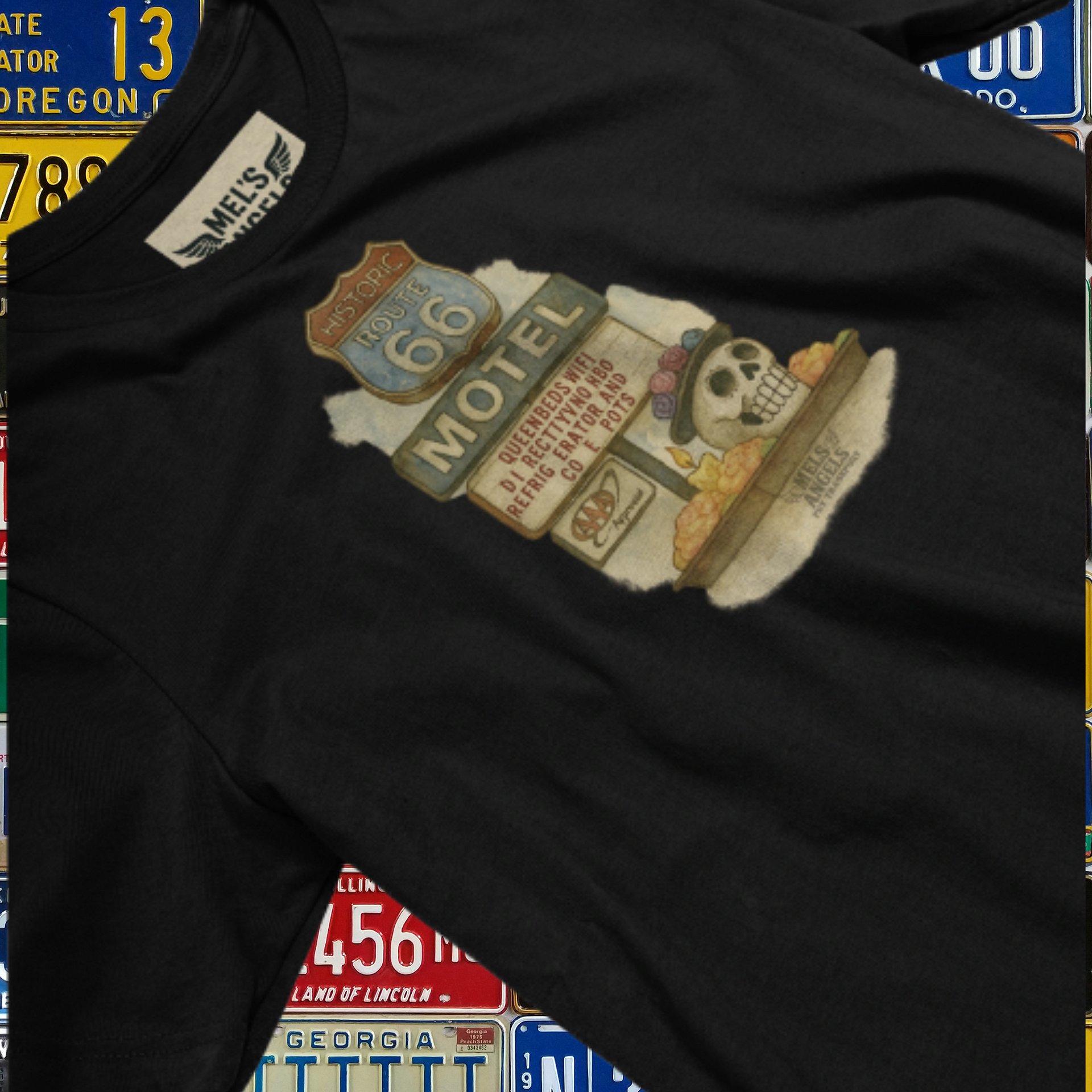 Route 66 Motel Skull T-Shirt – Vintage Día de los Muertos Inspired Graphic Tee | Bella Canvas Unisex product image (3)