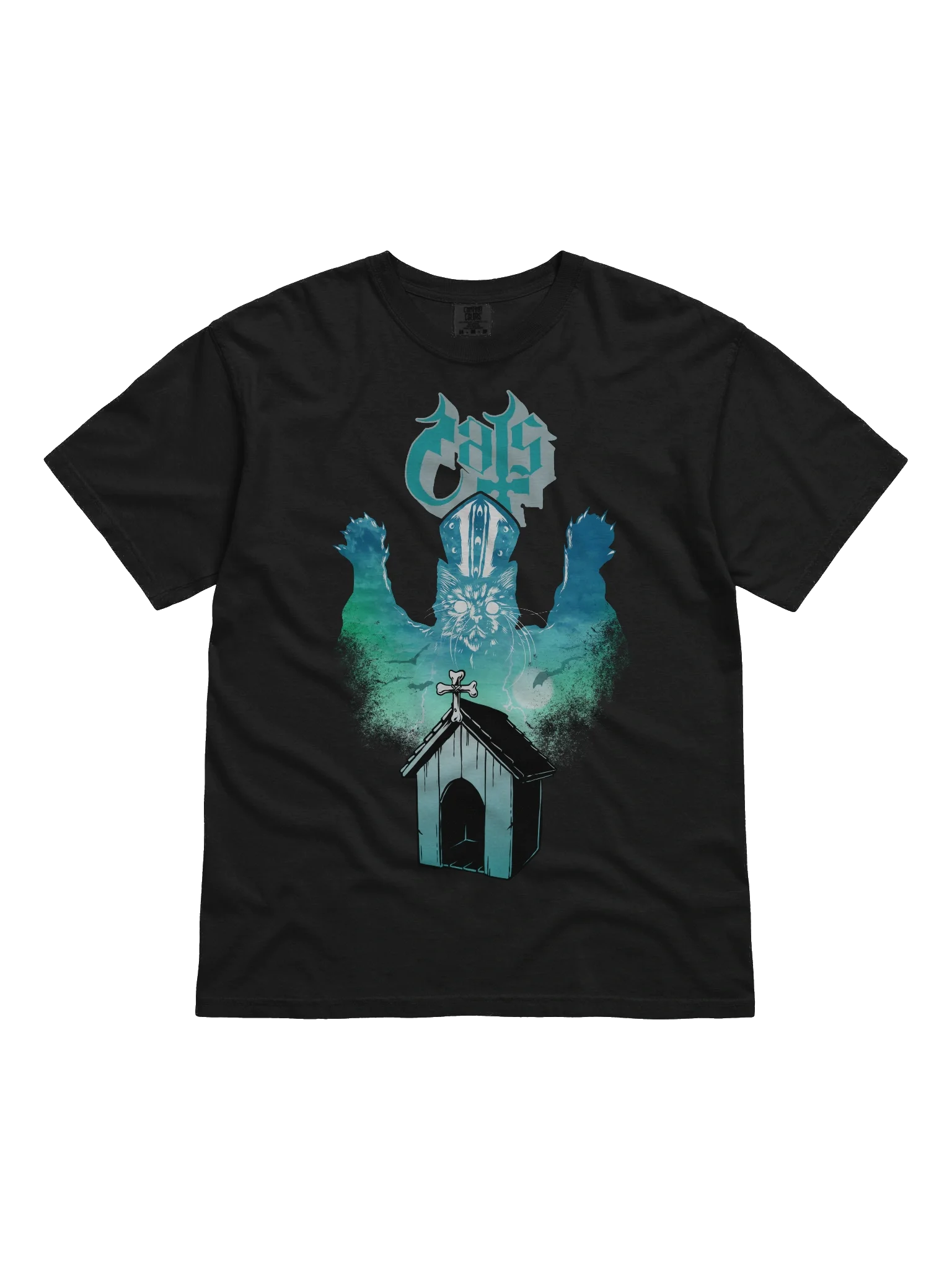 Ghost Cats Opus t-shirt showing a mitred cat as a storm cloud over a chapel-shaped pet house with lightning and bats - a parody gift for Ghost fans who love cats