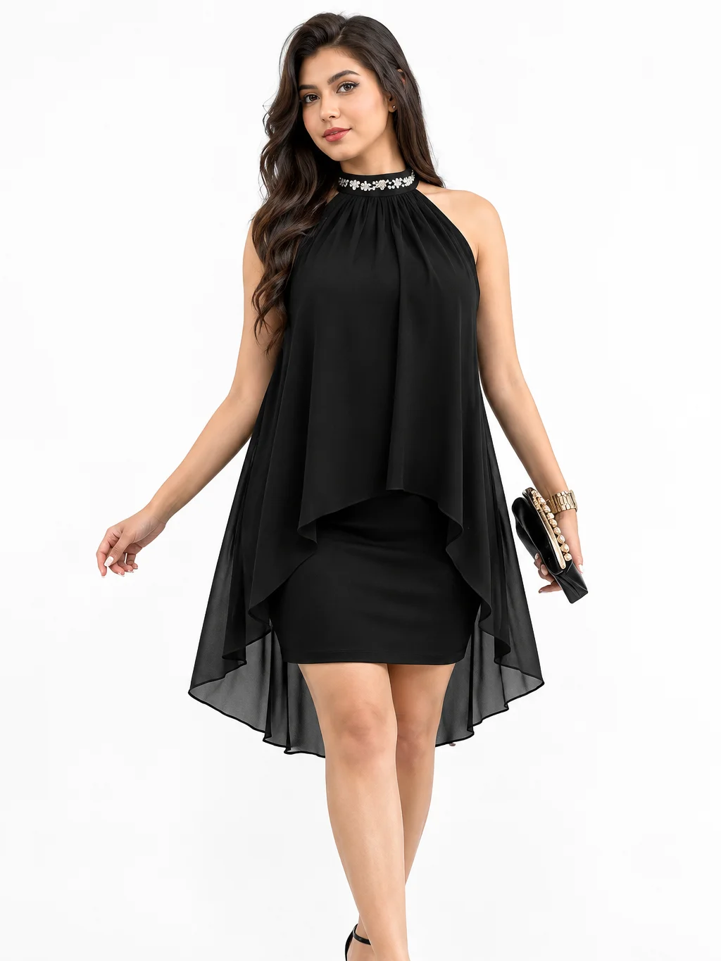 Femmeverse Women's Plus Size Summer New Ruched Halter Neck Sequin Patchwork Sleeveless High Waist Bodycon Dress product image (1)