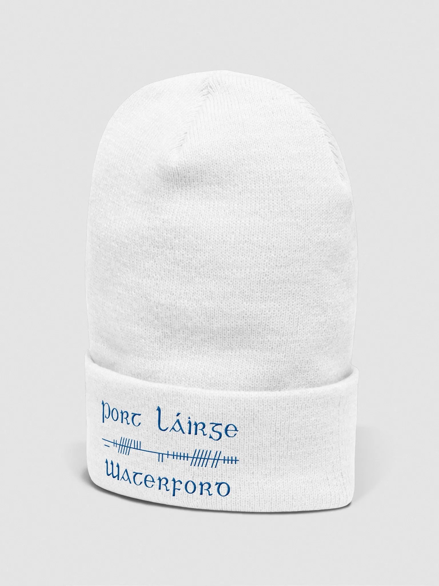 Waterford/Port Láirge, white with blue, Orthodox style Ogham embroidered Cuffed Beanie product image (4)