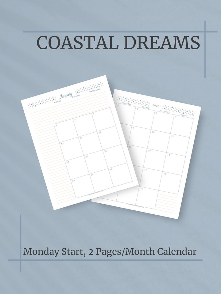 Coastal Dreams 2026 Calendar - 2 Pages per Month, Monday Start, Letter Size product image (1)