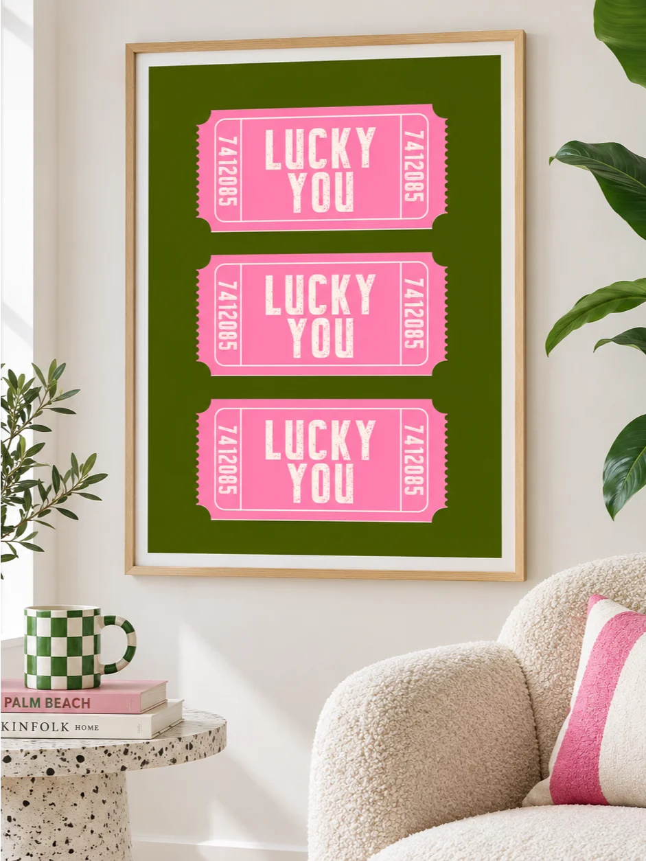Lucky You Poster, Pink Green Ticket Wall Art, Retro Typography Print, Funky Dopamine Decor, Bright Printable Bedroom Art, Gallery Wall Print product image (10)