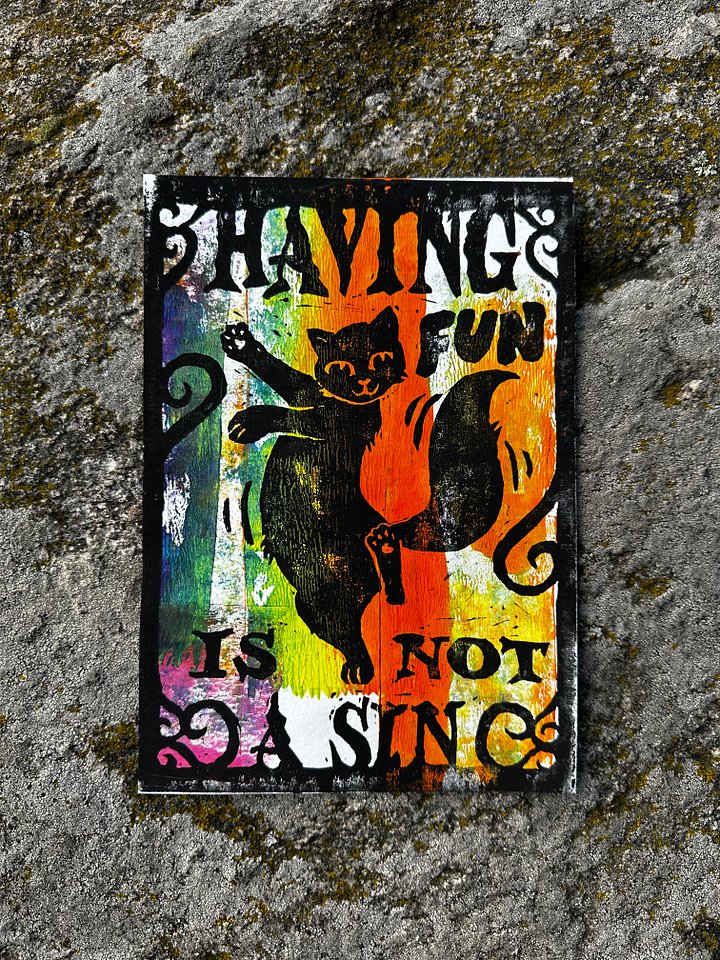HAVING FUN IS NOT A SIN dancing cat original lino print (8) product image (1)