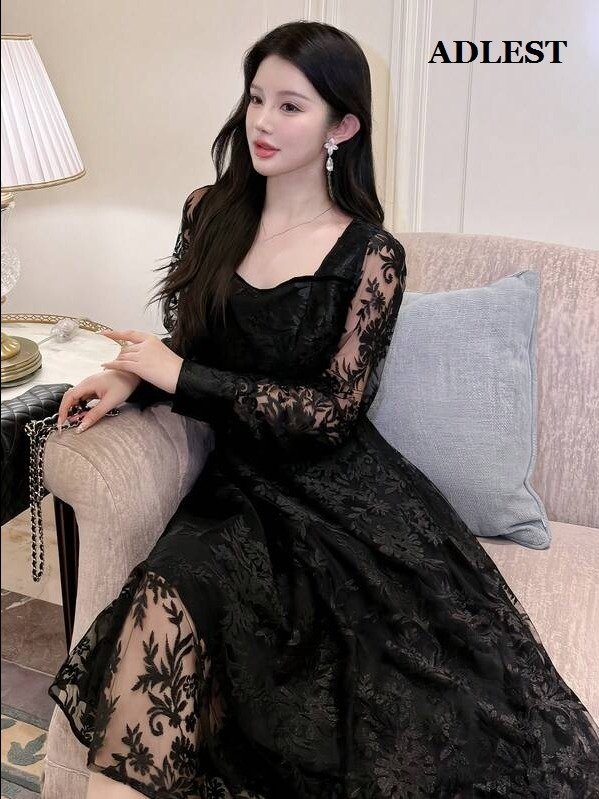 DAZY Women Solid Color Contrast Lace Long Sleeve Dress, Birthday, New Year Eve Prom Dress,Fall Dress Elegant Women Dresses product image (2)