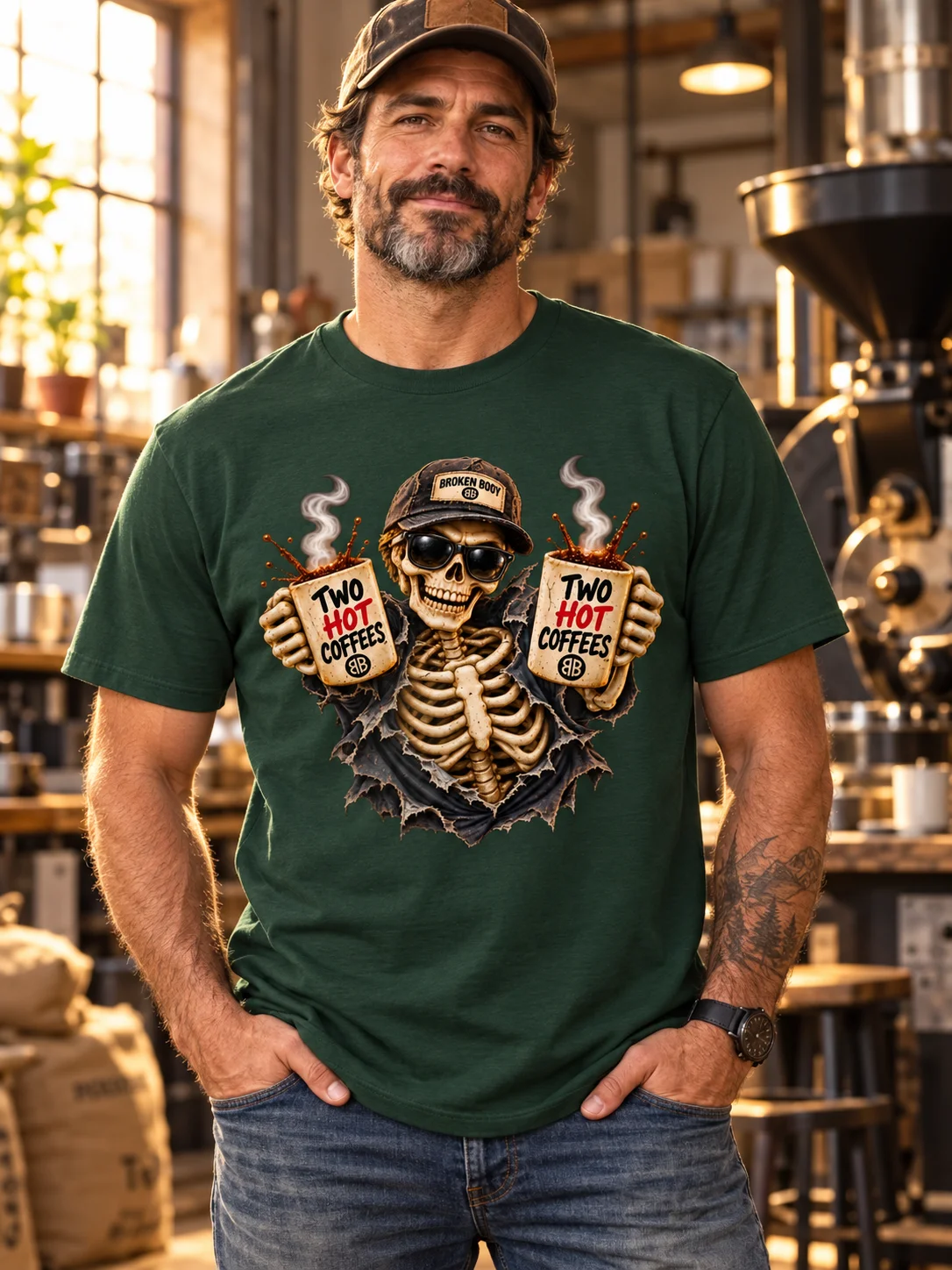Funny Halloween Skeleton Coffee Shirt — Two Hot Coffees™ Single-Print Tee | Holly-Ween™ product image (1)