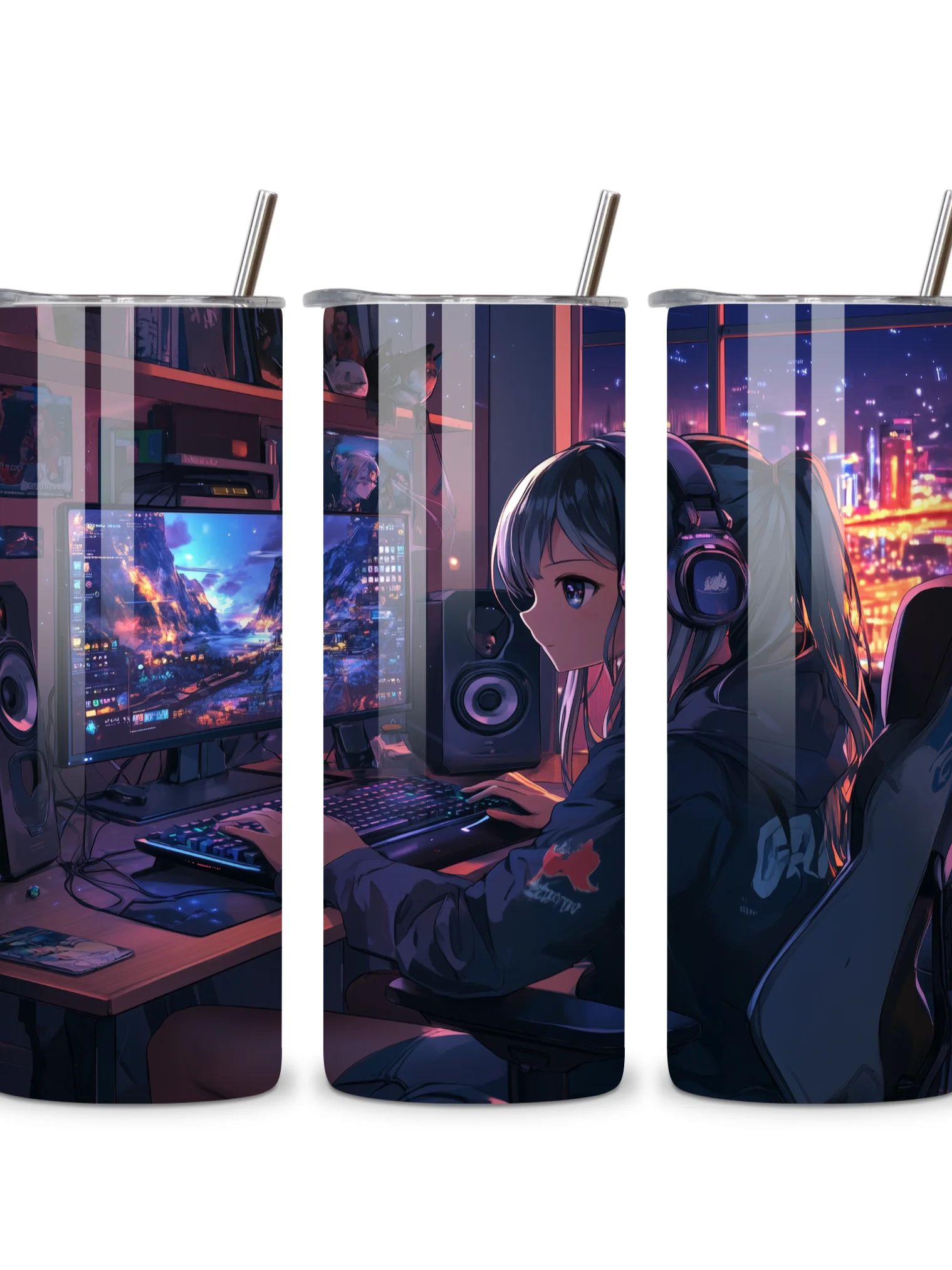 Anime Gamer Girl 20oz Skinny Tumbler with Metal Straw – Vibrant Gaming Setup Design – Double-Walled Insulated Stainless Steel Tumbler Gift for Anime and Gaming Fans (Anime Girl 3) product image (3)
