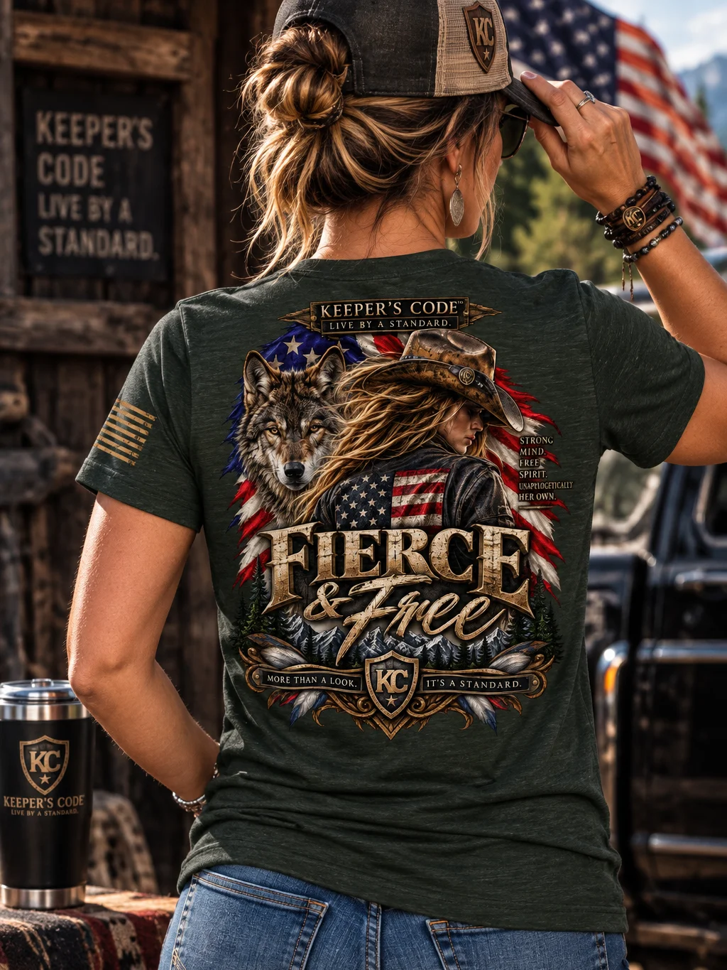 Keeper’s Code™ Women’s Fierce & Free Wolf Patriotic Graphic T-Shirt product image (16)