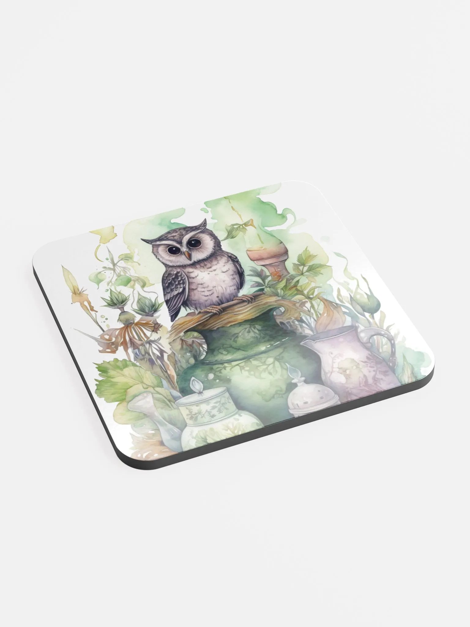 Glossed Cork Coaster 🦉 Peaceful Green Theme - Owls Vibes - Motif 1 product image (2)
