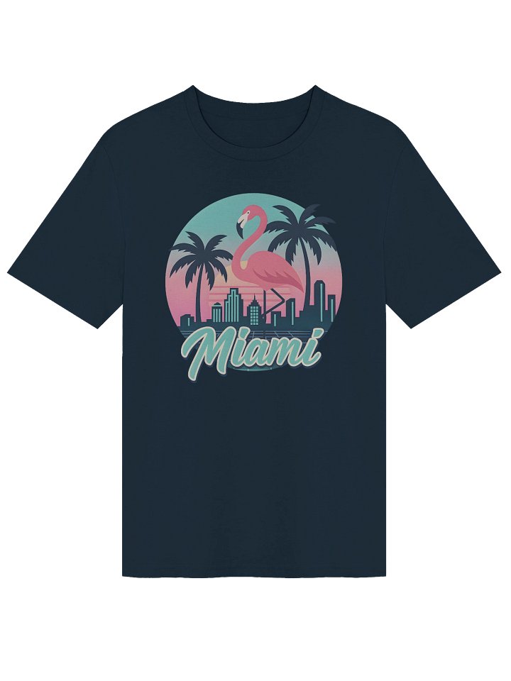 Retro Miami Flamingo Design with Neon Skyline and Palm Trees in Sunset TeeColors product image (6)