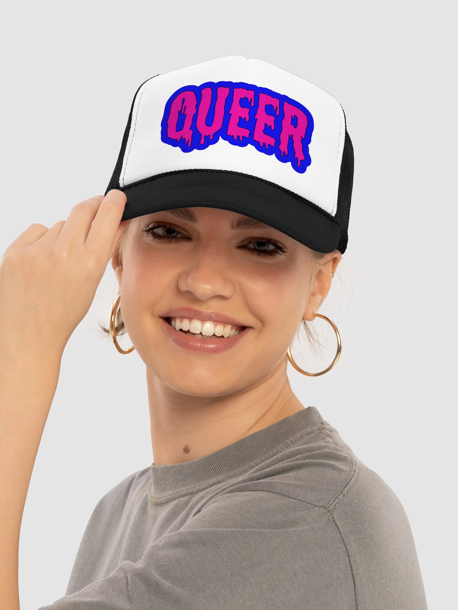 Queer Pride Trucker Cap, LGBTQIA+ Art Festival Fashion, Rad Retro Style Hat, Hot Pink Blue Cotton Candy Color Creepy Dripping Design product image (5)