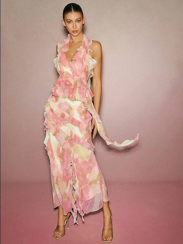Printed Elegant Low Neck Ruffle Sleveeless Top product image (1)