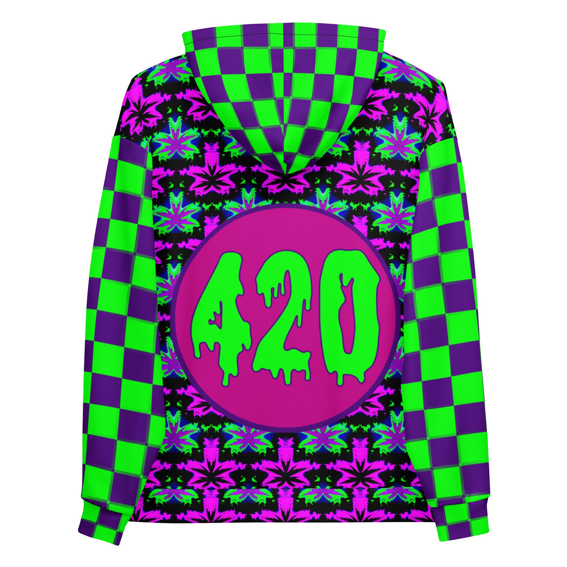Pot Leaf 420 Festival Hoodie, Cannabis Clowncore Checkers Clothing, Neon Retro Raver Stoner Fashion, Twisted Techno Top, Weird Weed EDM Wear product image (1)