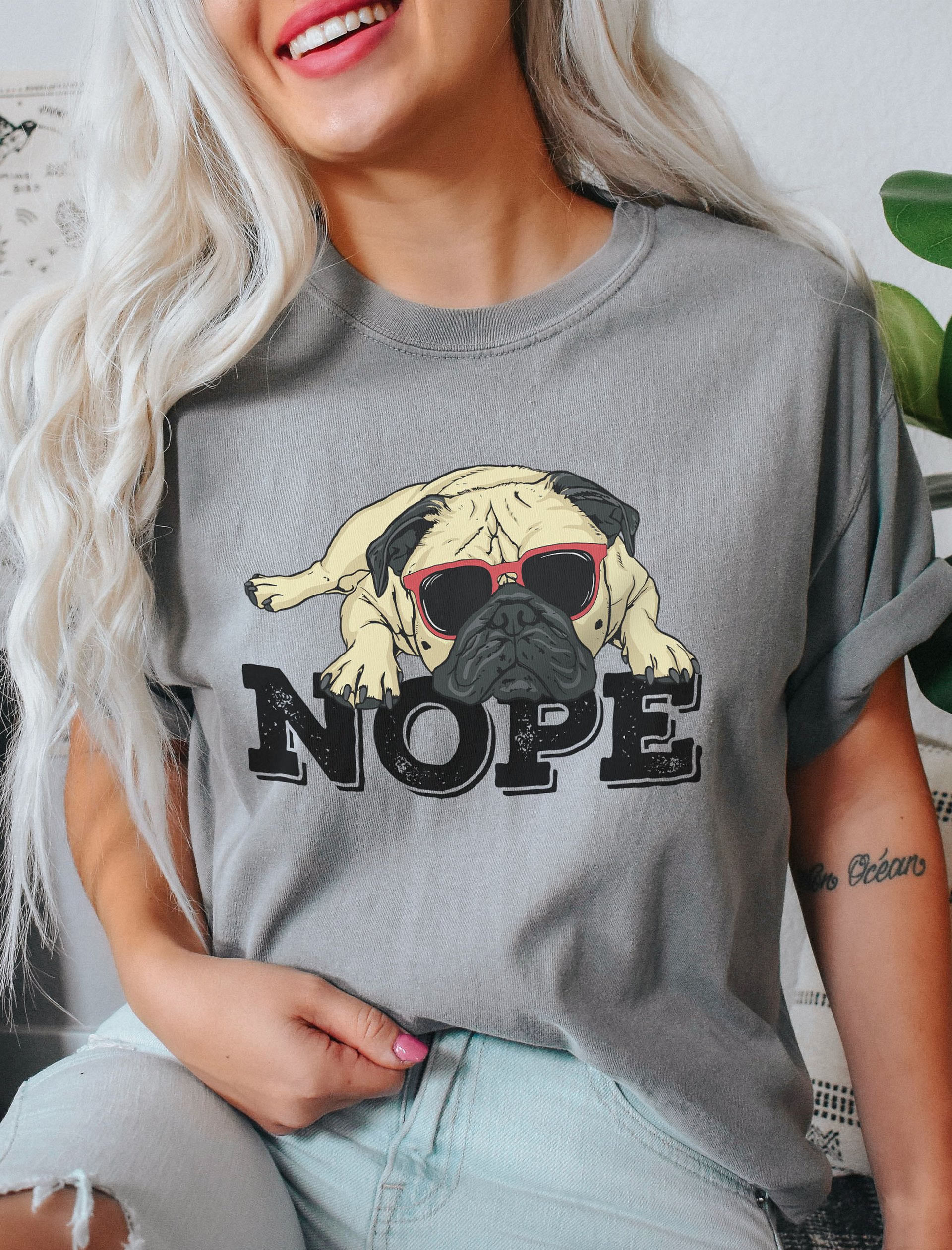 Nope Funny T-Shirt | Funny Lazy Pug Wearing Sunglasses T-Shirt for Dog Lovers product image (2)