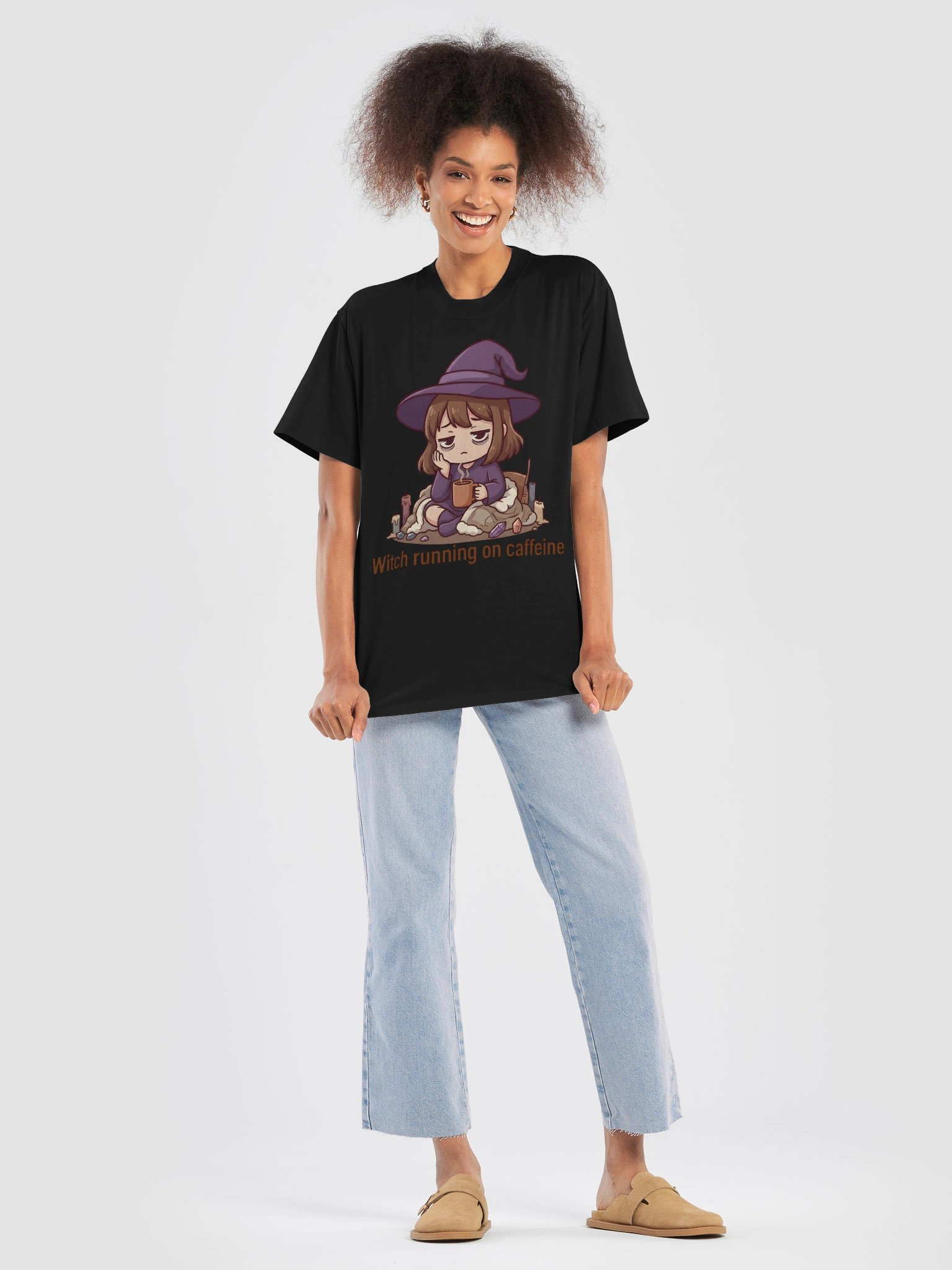 Witch Running on Caffeine Oversized T-Shirt – Cozy Witch Tee for Tired Girls & Slow Days product image (26)