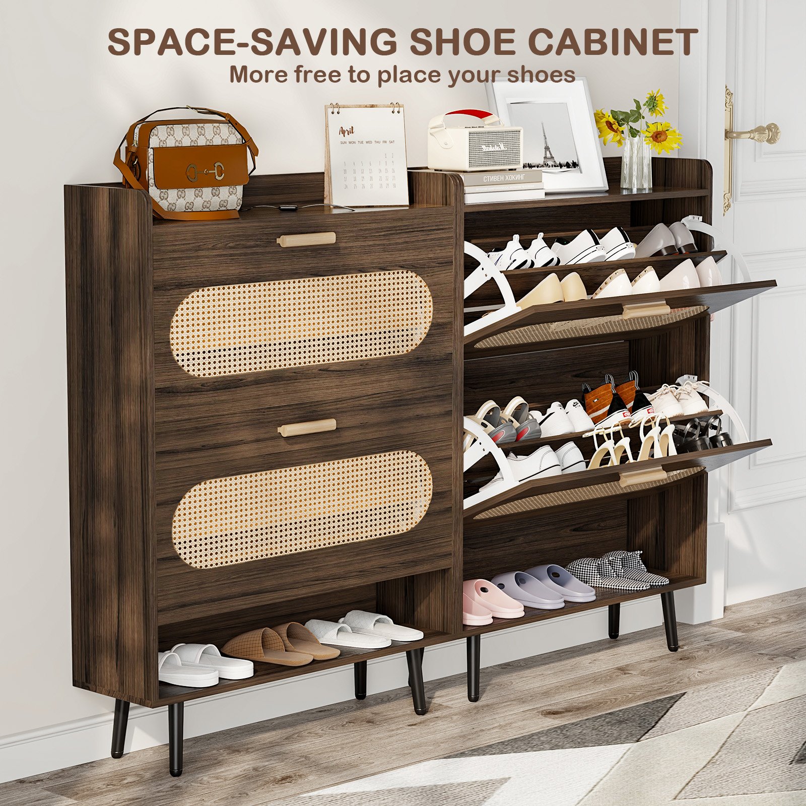 Shoe Cabinet with Natural Rattan Flip Drawers for Entryway Free Standing Slim Shoe Storage Organizer with 2 Flip Drawers Walnut product image (6)