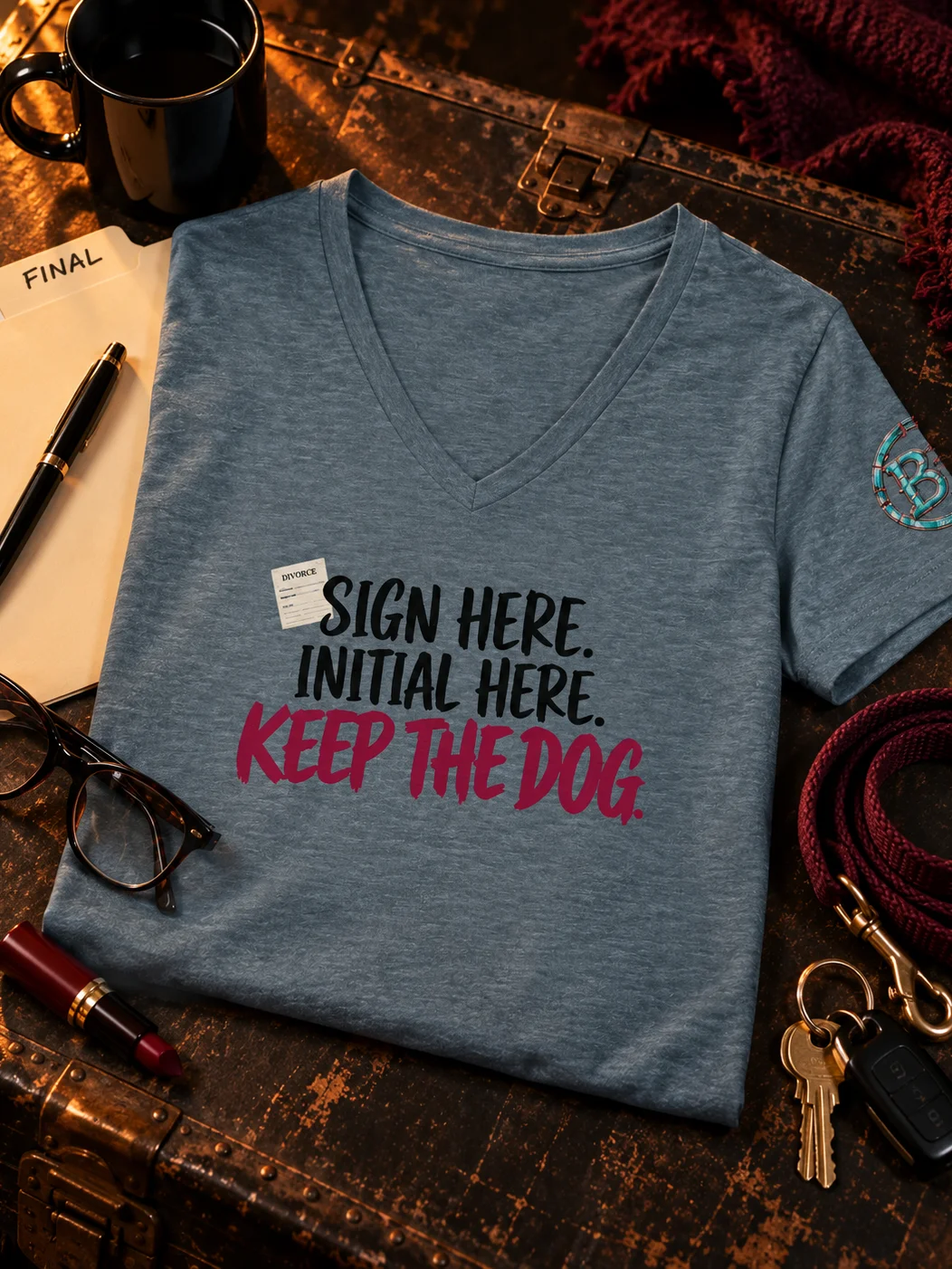 Funny Divorce Party Shirt for Women — Sign Here, Initial Here, Keep the Dog V-Neck | Broken Marriage™ product image (1)