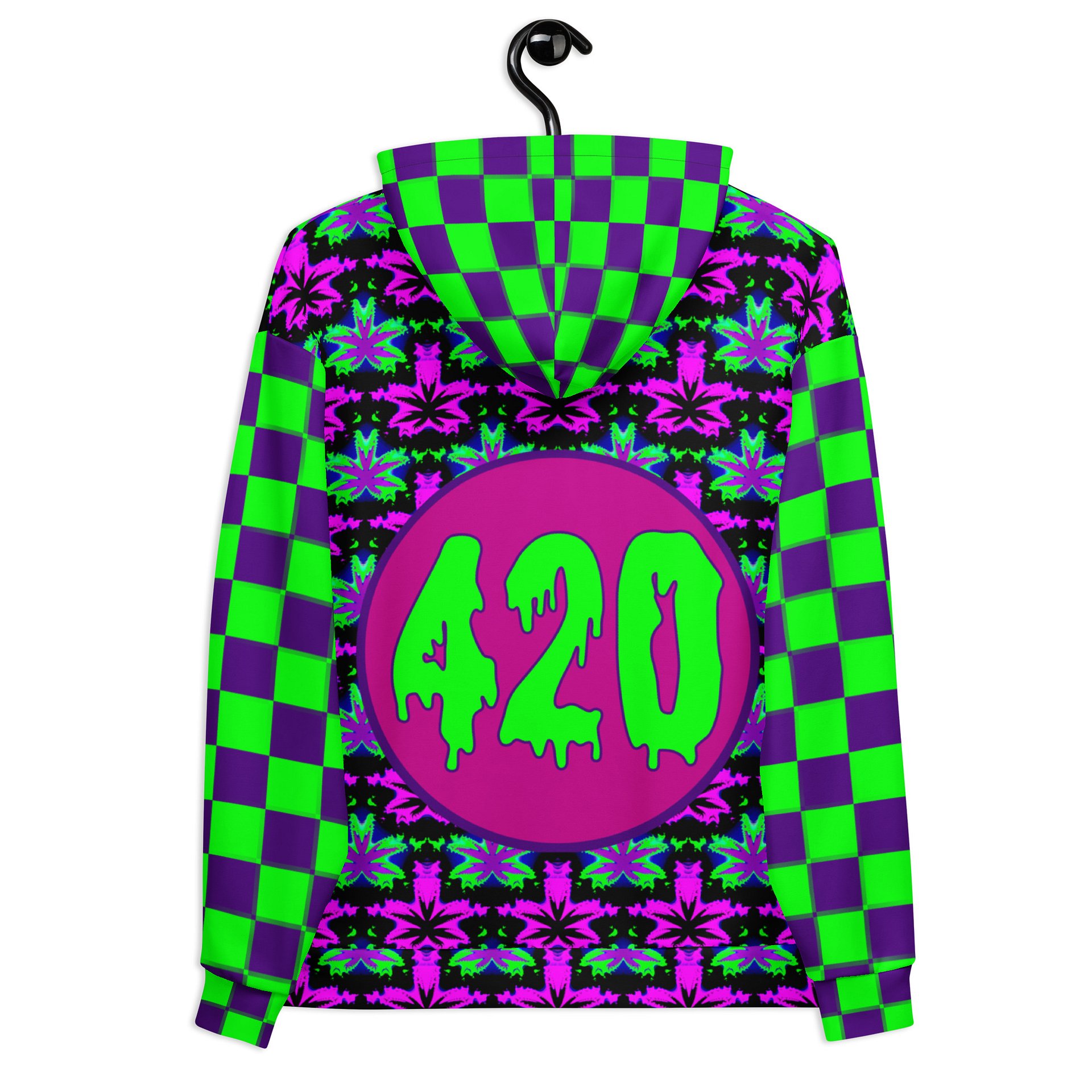 Pot Leaf 420 Festival Hoodie, Cannabis Clowncore Checkers Clothing, Neon Retro Raver Stoner Fashion, Twisted Techno Top, Weird Weed EDM Wear product image (11)