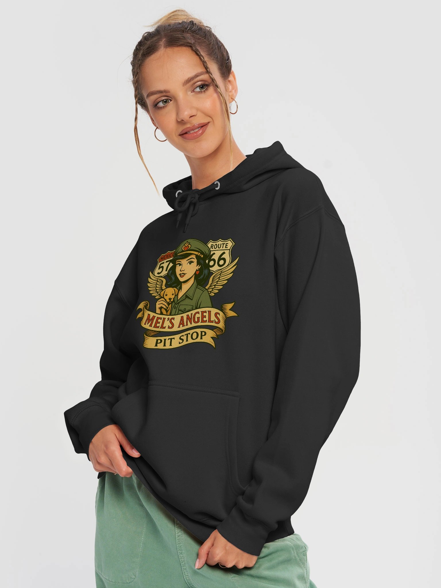Mel’s Angels Pit Stop Hoodie – Retro Biker Pin-Up & Route 66 Graphic Sweatshirt product image (3)
