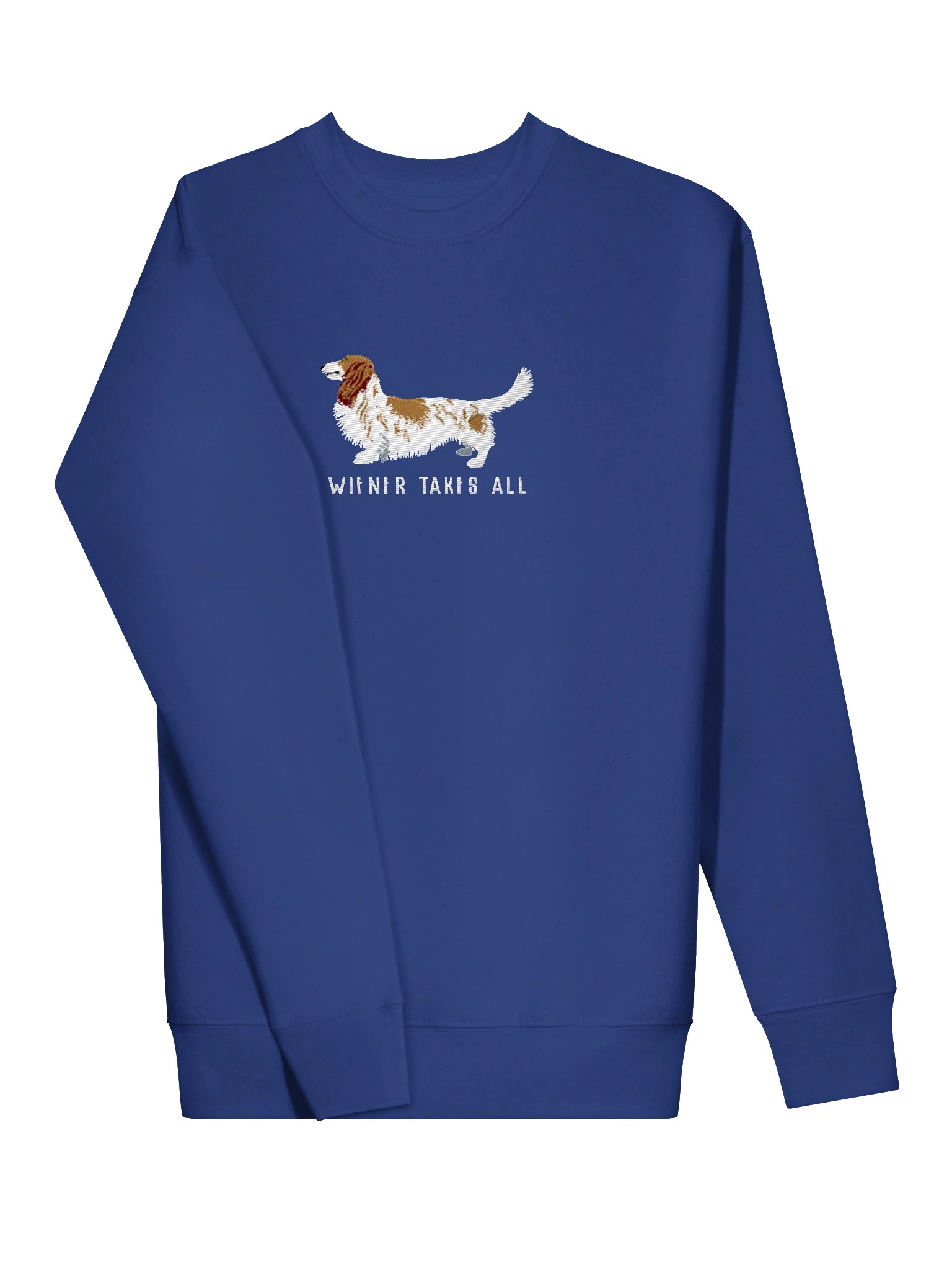 Wiener Takes All Sweatshirt (Embroidered) of a Longhaired Dachshund(Pied Brown & White) product image (17)