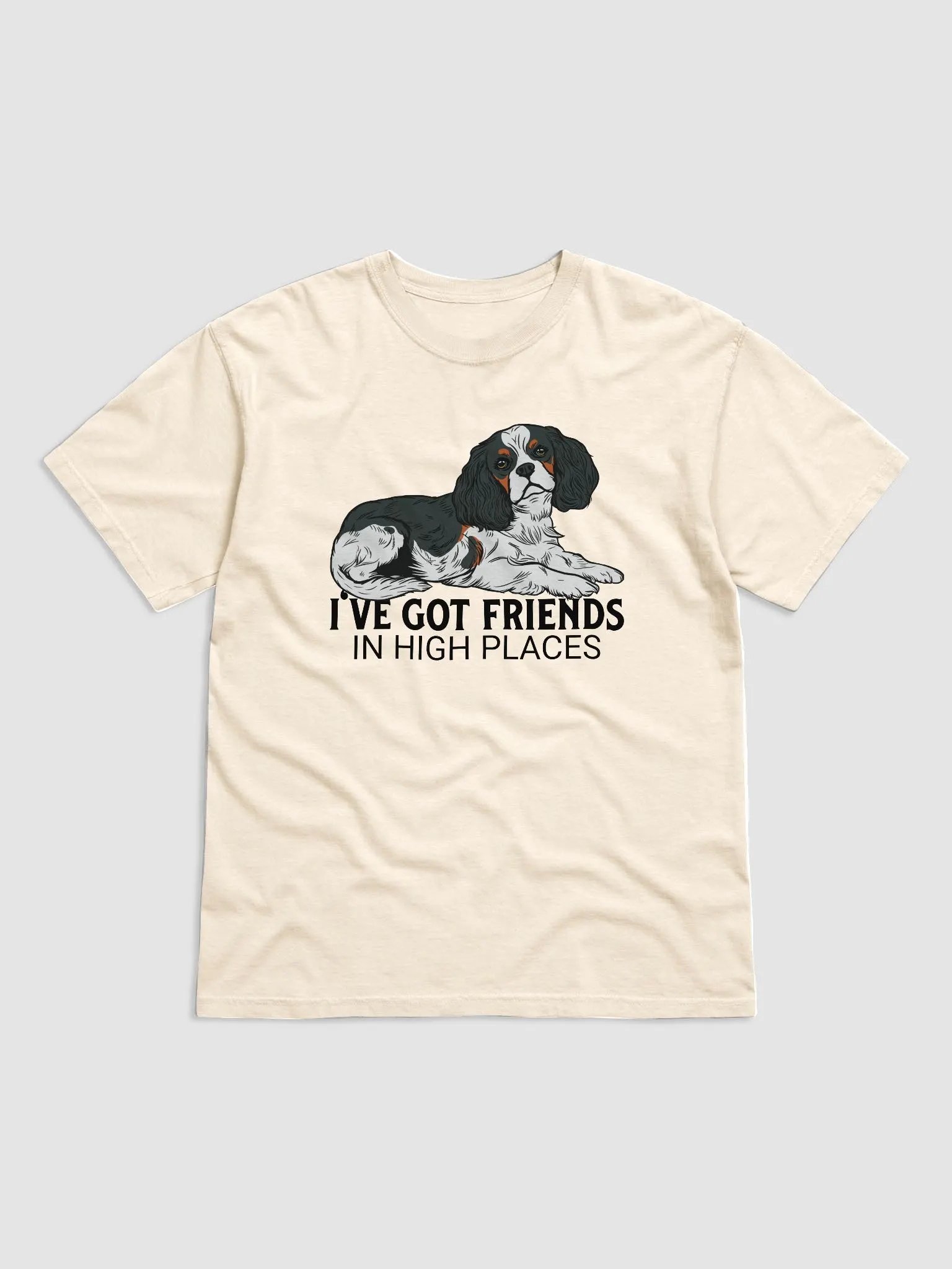 I've Got Friends in High Places T-Shirt of a Cavalier King Charles Spaniel (Tricolor) | Funny T-Shirt for Spaniel Paw-rents product image (1)