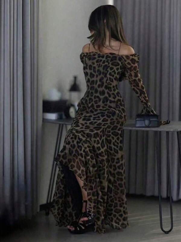 Elegant Leopard Print Ruffle Hem Waist Cinched Long Dress, Suitable For Party, Daily Wear And Travel, Spring/Autumn product image (3)
