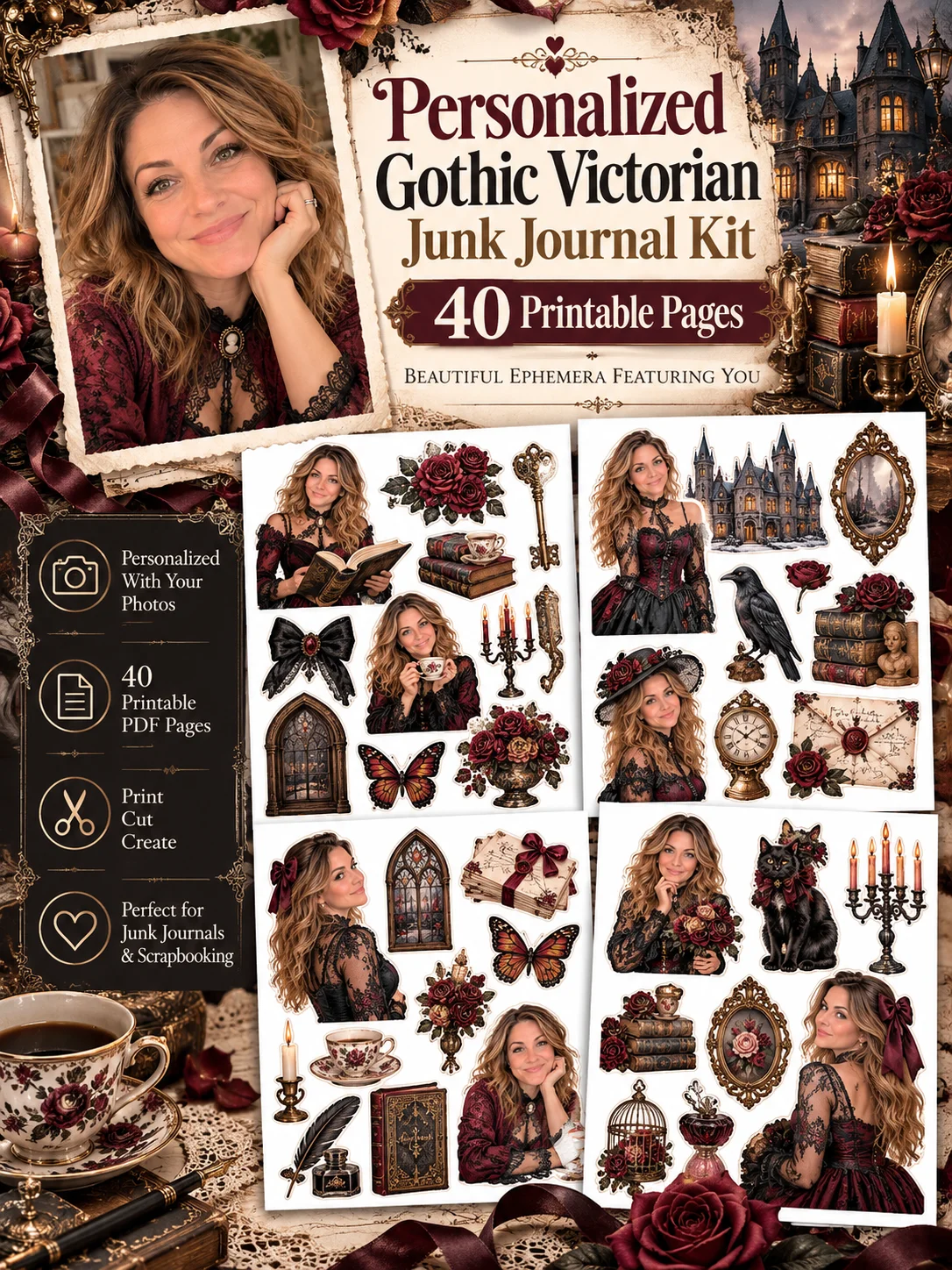 Personalized Gothic Victorian Ephemera for Junk Journals: 40 Printable PDF Pages of Dark Romantic Roses, Gothic Castles, Antique Books, Ravens and More for Scrapbooking, Collage and Mixed Media product image (3)