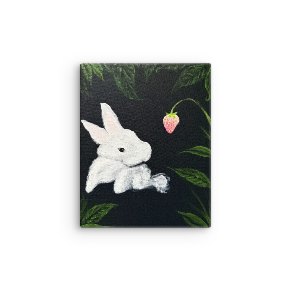 Strawberry Bunny Acrylic Painting - Handmade Piece Sleek Slim Canvas Art product image (1)