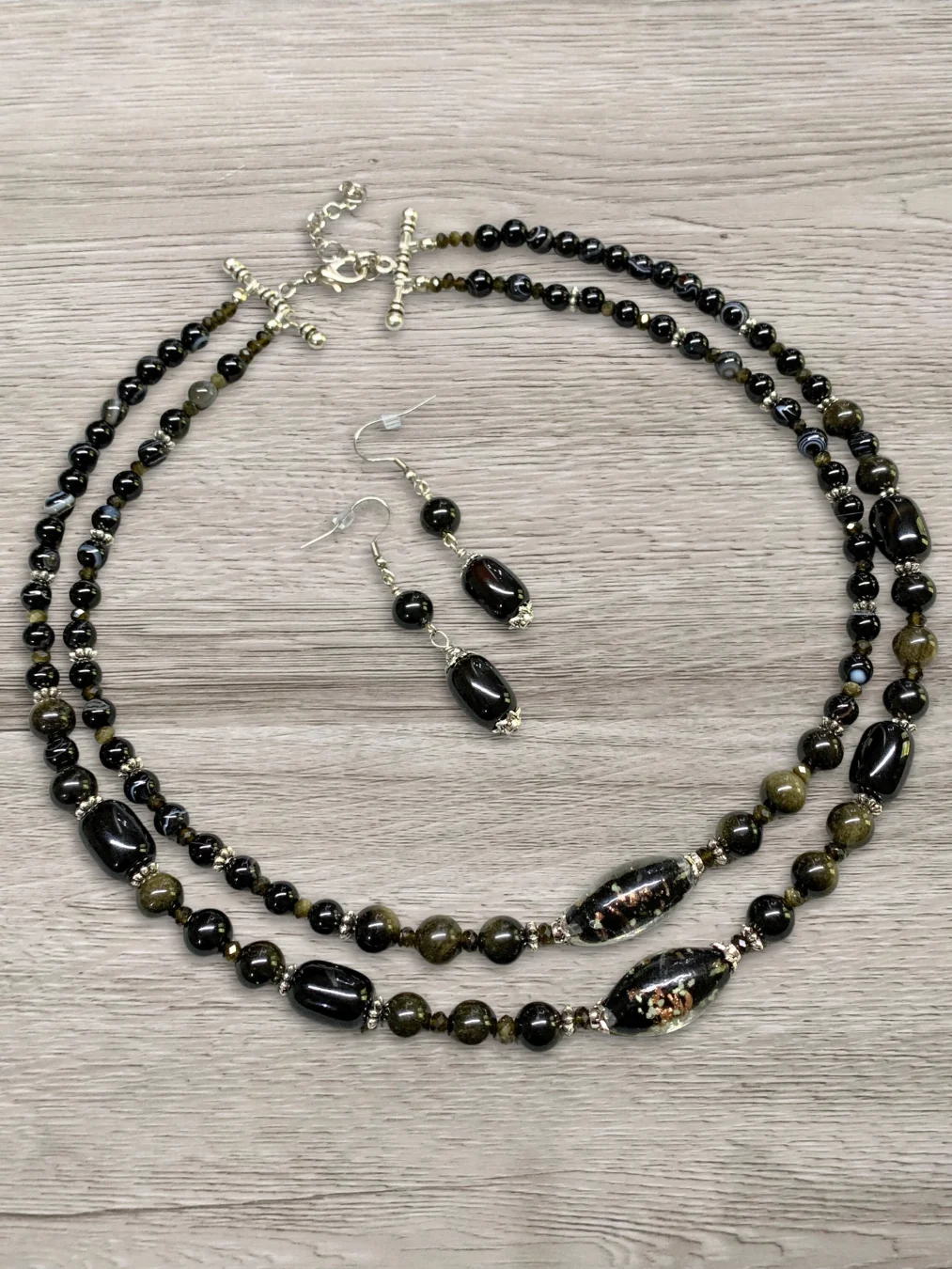 Black Onyx, Golden Sheen Obsidian 2-Strand Beaded Necklace and Earrings product image (3)