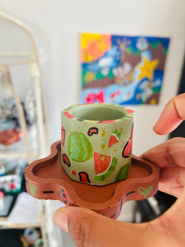 Watermelon splash 1-1 original painted cement plant pot and tray product image (1)