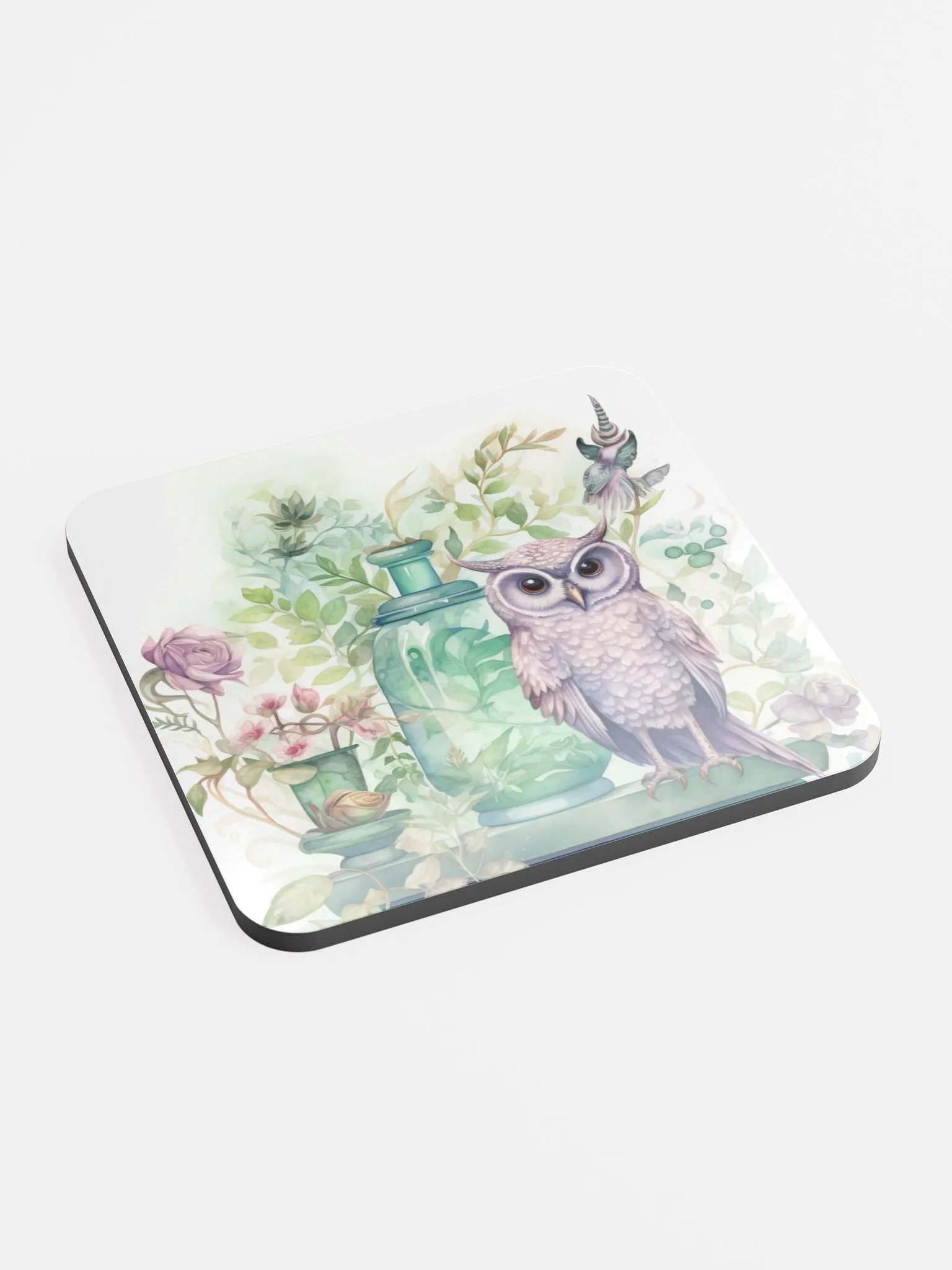 Glossed Cork Coaster 🦉 Peaceful Soft Green Theme - Owls Vibes - Motif 2 product image (2)