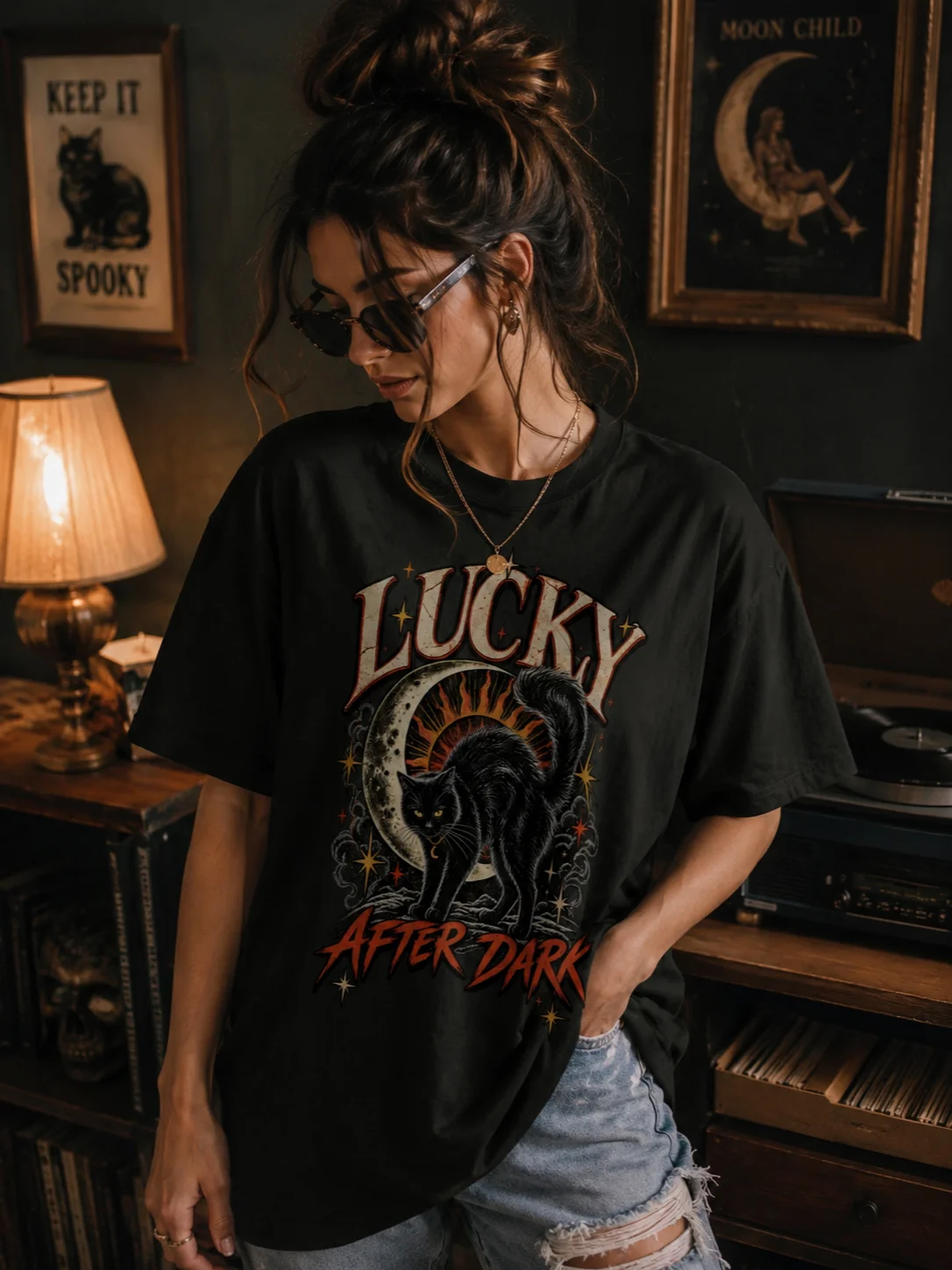 Black Cat Shirt | Lucky After Dark Celestial Graphic Tee product image (1)