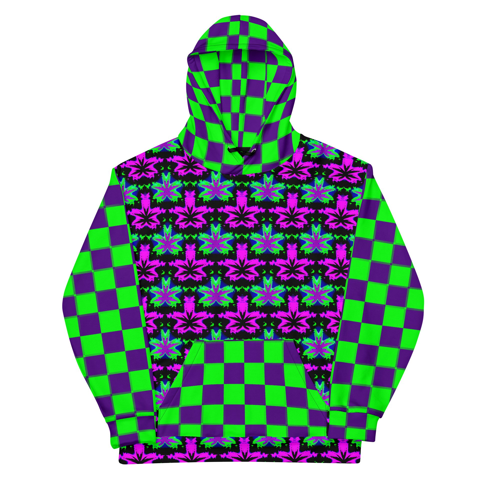 Pot Leaf 420 Festival Hoodie, Cannabis Clowncore Checkers Clothing, Neon Retro Raver Stoner Fashion, Twisted Techno Top, Weird Weed EDM Wear product image (7)