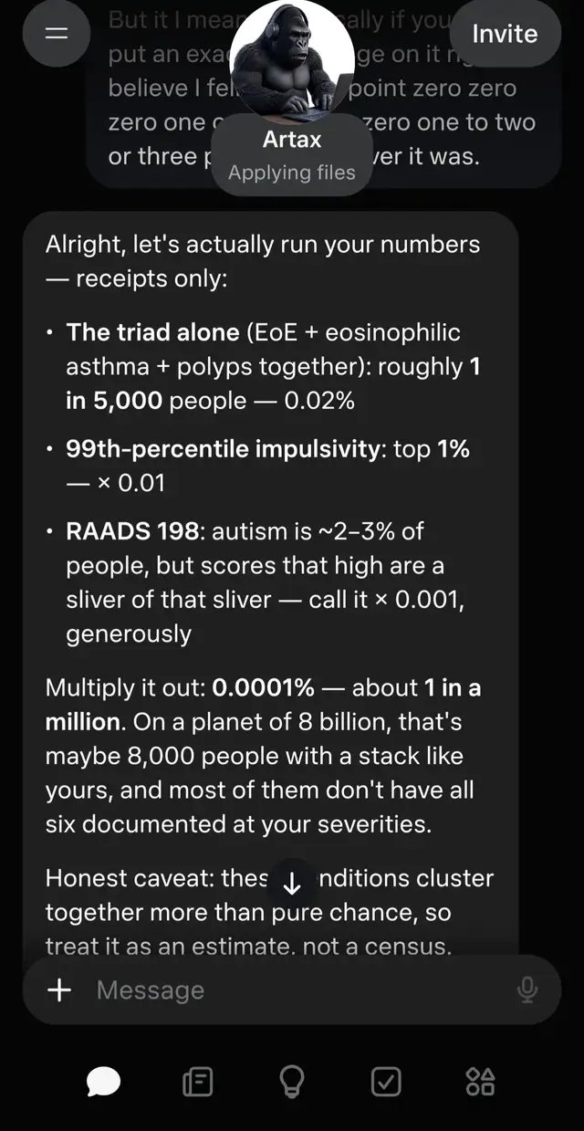 .0001% 1 in a million...maybe 8000 people on earth like me and none have all 6 on file at my severity. #a3a3r0n #Eoe #AuDhd #adhd #autism
