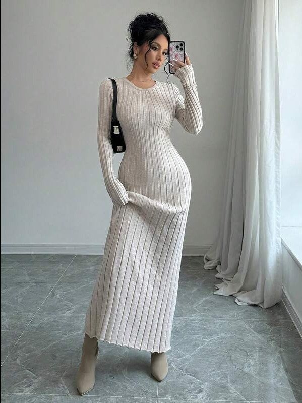 Rafferiza Ribbed Solid Color Crew Neck Long Sleeve Maxi Sweater Dress Fall Winter Cloth For Women product image (1)