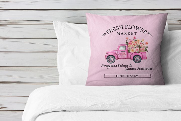 HAPPY DAHLIA VINTAGE TRUCK PINK PILLOW - Laster mit Blumen product image (2)