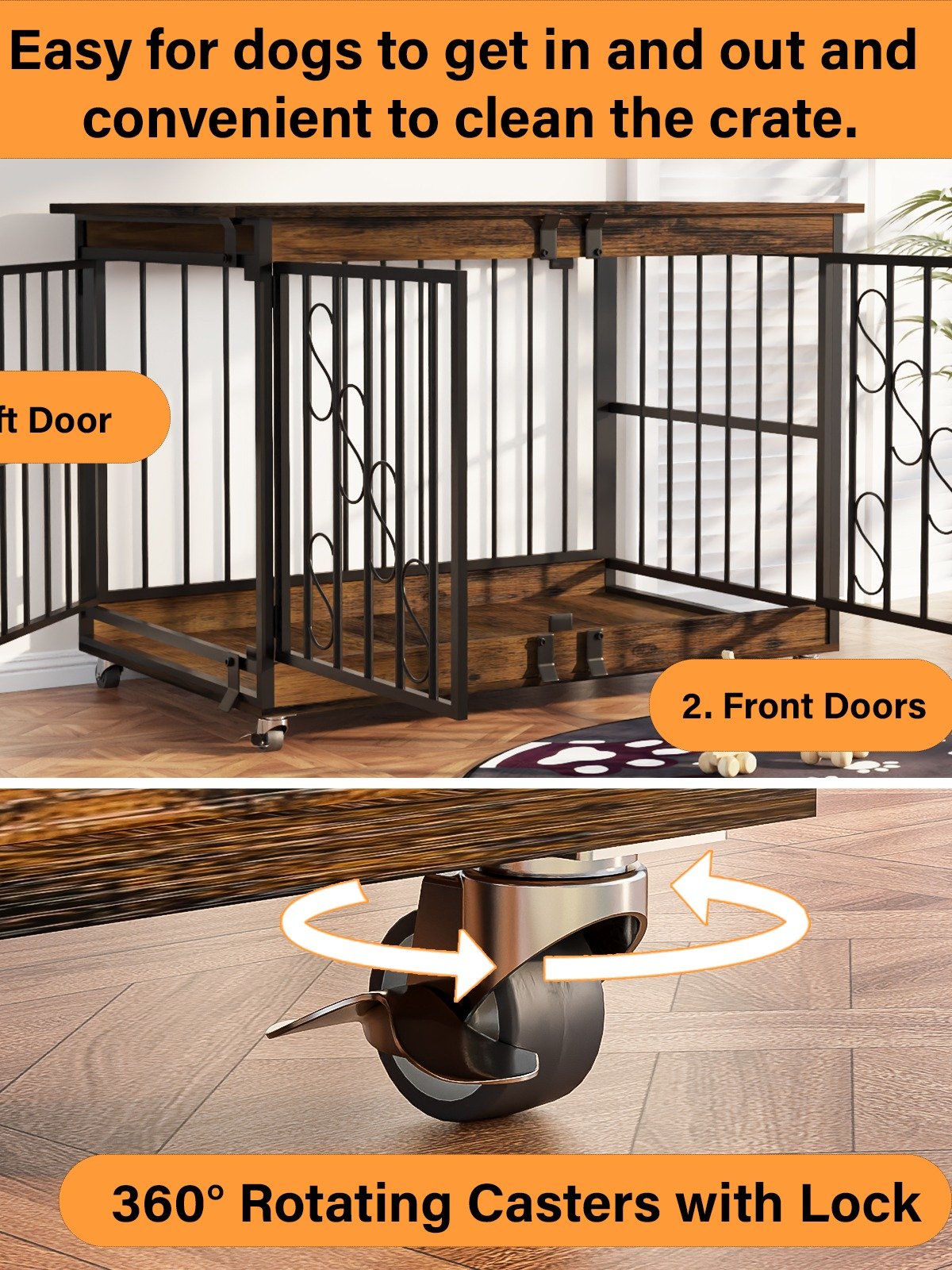 48 Inch Dog Cage Furniture for Extra Large Dog, Double-Doors Heavy Duty Dog Crate with 360° Caster Wheels, Dog Kennel Indoor Decorative Pet House Dog Cage Table, Brown product image (5)