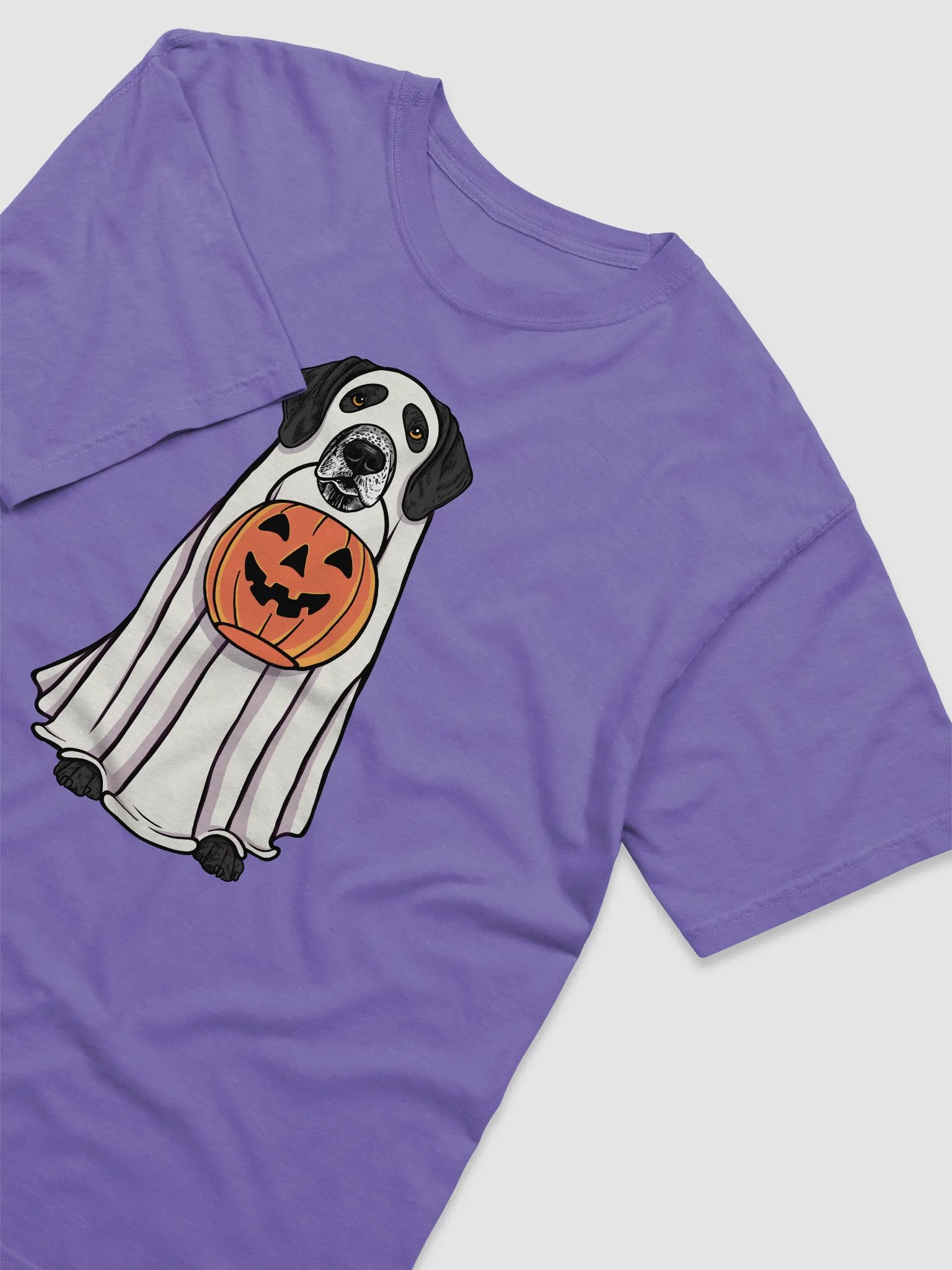 Funny Halloween German Shorthaired Pointer(Black 2) T-Shirt | Funny GSP Wearing a Ghost Costume and Holding a Pumpkin Basket product image (6)