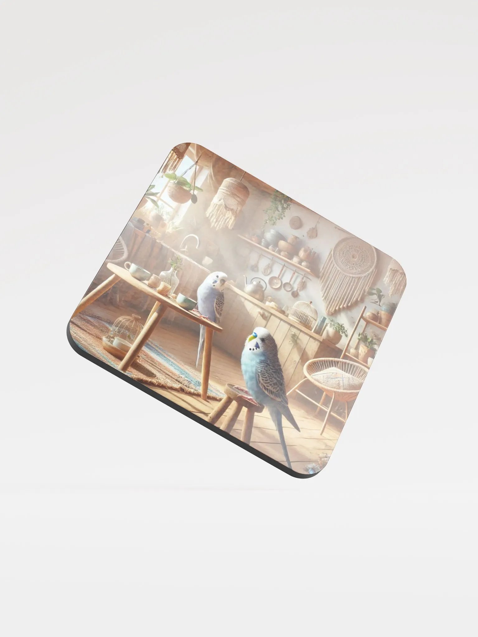 Perch & Sip – Glossed Cork Coaster with Parakeet Art 3 product image (1)